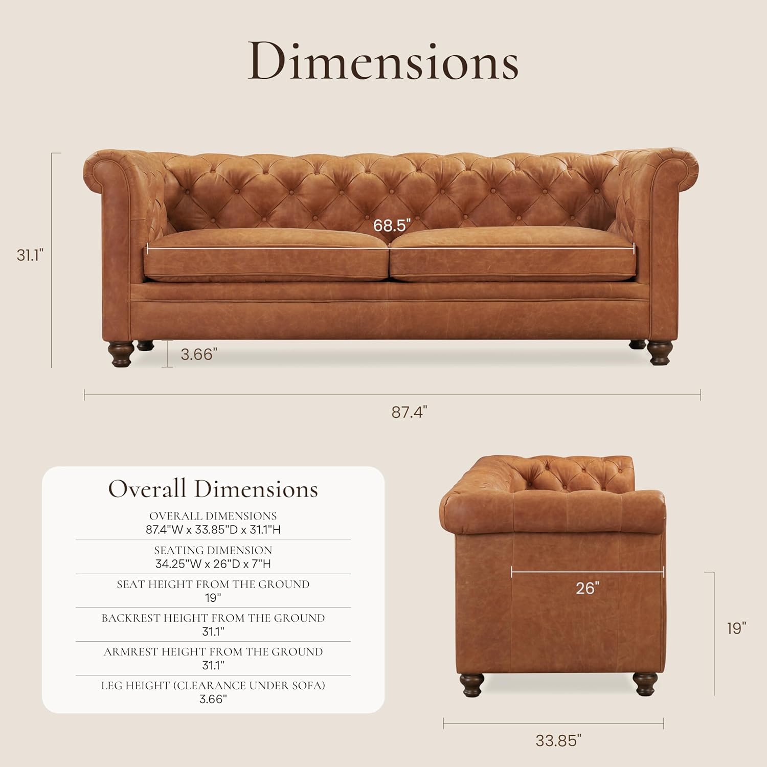 Poly & Bark Lyon Leather Couch - 87.4 Inch Sofa - Full-Grain Leather Sofa for Living Room with Feather-Down Topper - Living Room Couch - Vintage Italian Leather in Cognac Tan