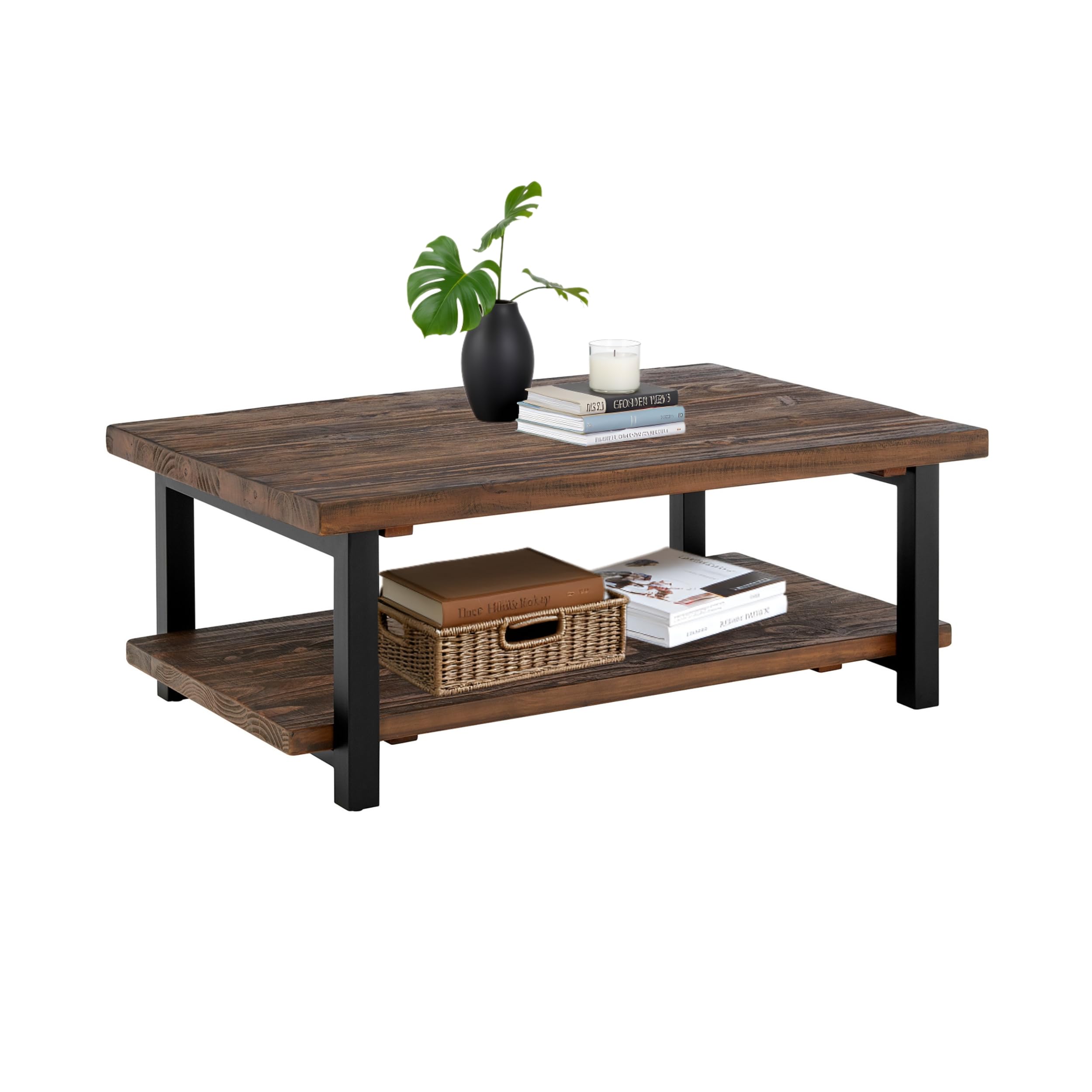 Alaterre Furniture Pomona Rustic Coffee Table with Storage Shelf - 42-Inch Industrial Modern Metal and Solid Wood Living Room Table - Easy Assembly Farmhouse Living Room Furniture (Rustic Natural)