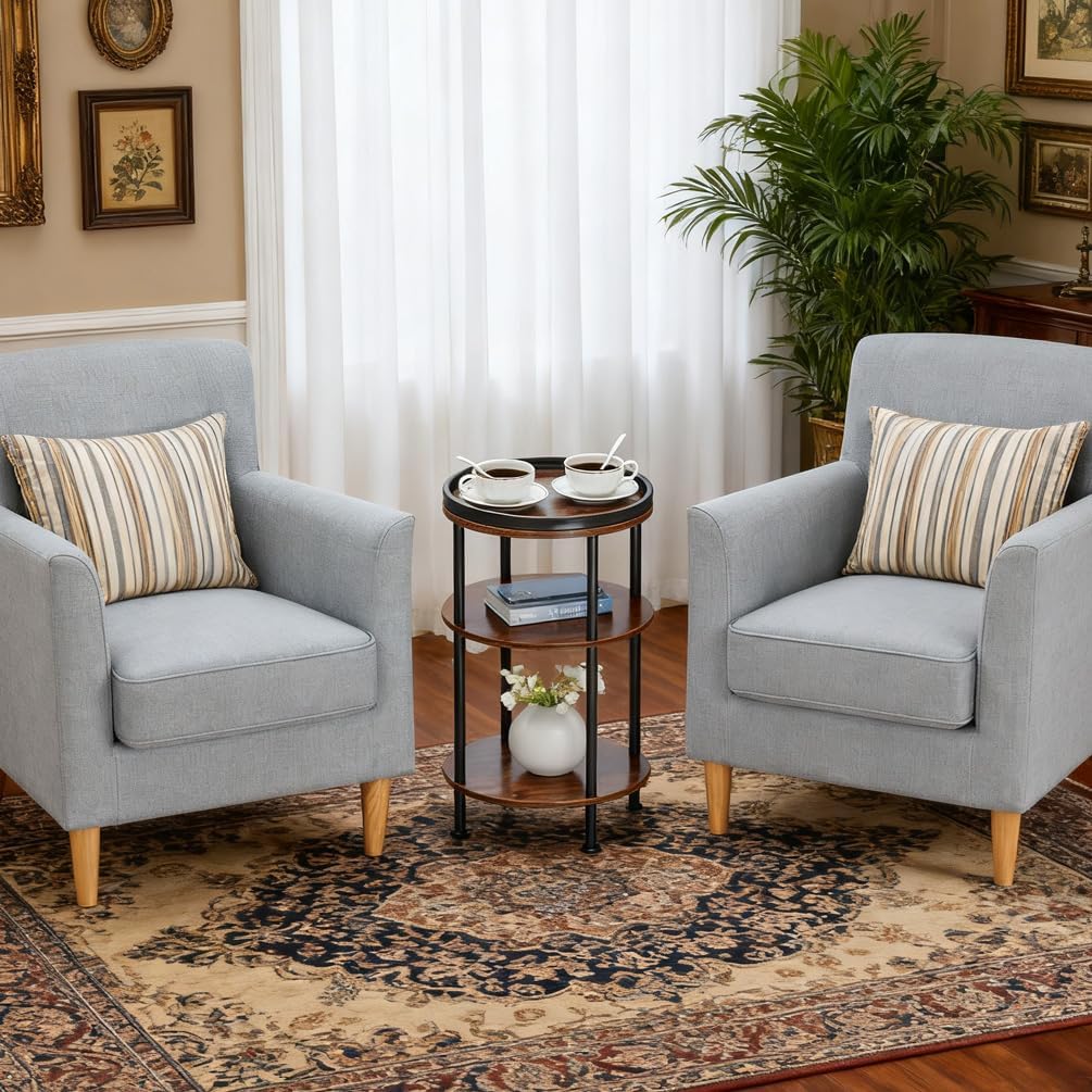 Small Round Side Table for Small Spaces, 3-Tier Round Accent Table Slim Side Table, Modern Sofa Corner Table for Living Room Nightstand Bedroom (Rustic Brown)