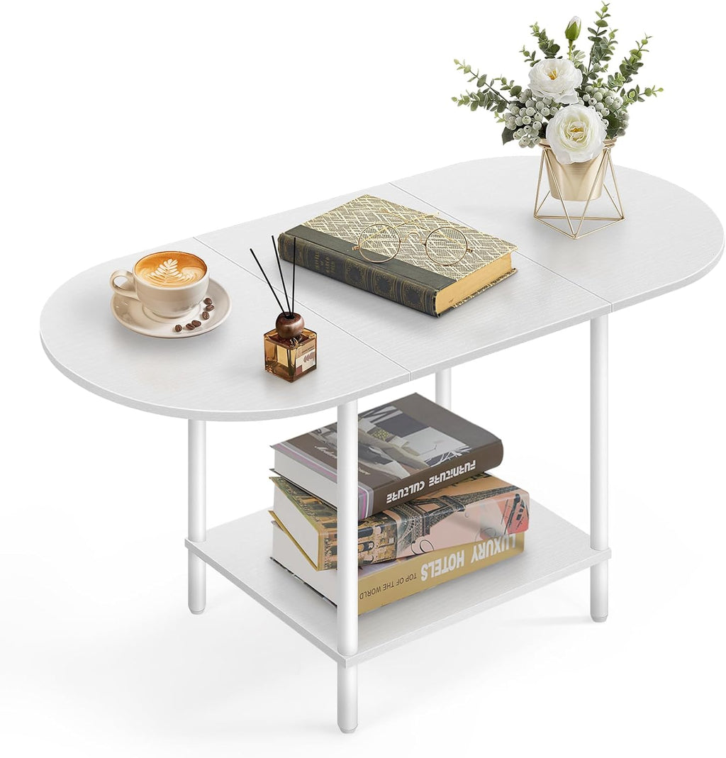 White Coffee Tables for Living Room,Mid Century Oval Center Table with Storage Shelf and Wood Tabletop,2-Tier Modern Narrow Cocktail Tea Table for Small Space,Small Apartment