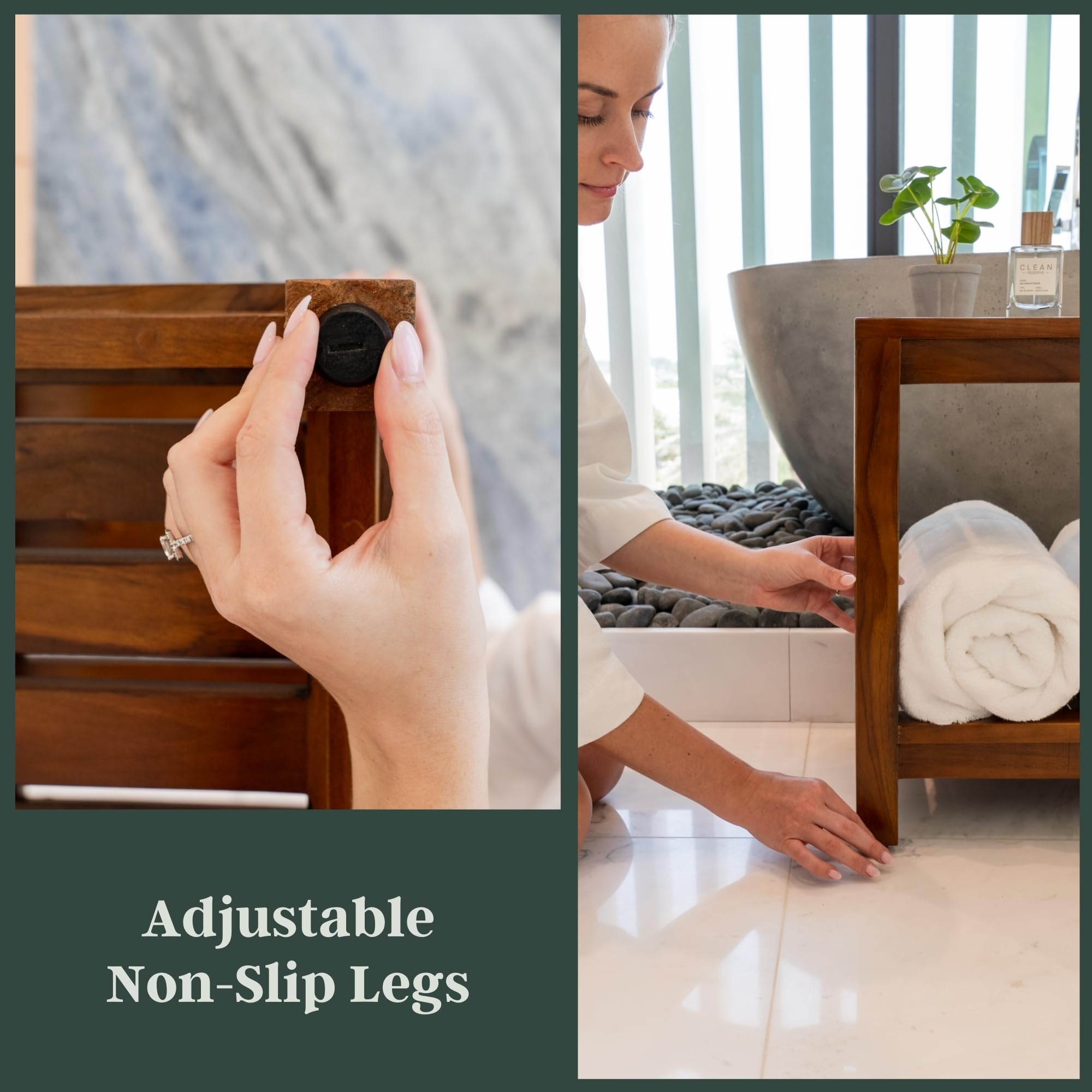 Teak Wood Shower Bench - 30 Inch Fully Assembled Bench with Shelf | Water Resistant, Non-Slip Adjustable Feet for Inside Shower