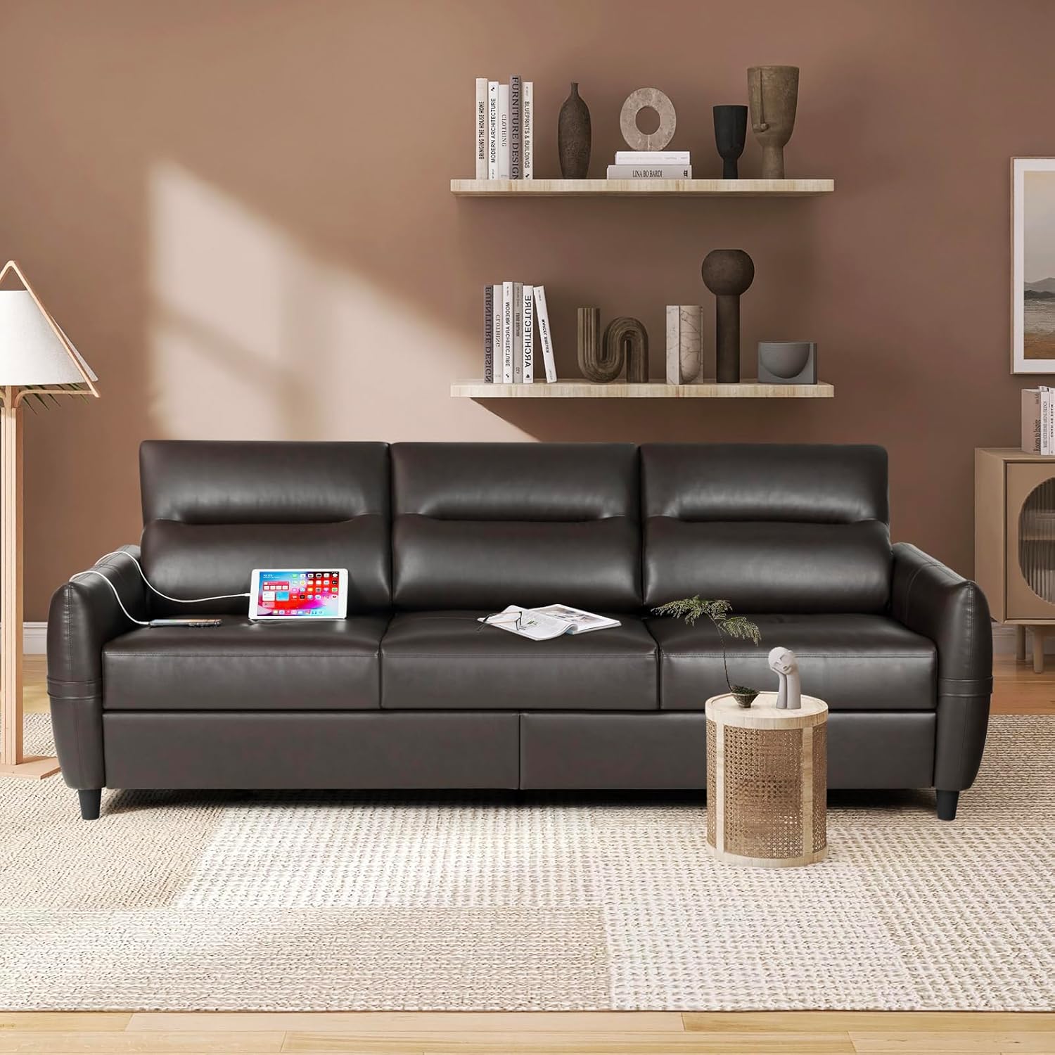 STHOUYN 85” Faux Leather Sofa Brown Leather Couch with USB, Mid Century Modern 3 Seater Couches Sofas Living Room Apartment, Large Office Sofa Couch, Stain Resistant & 3 Tufted Cushion (Brown)