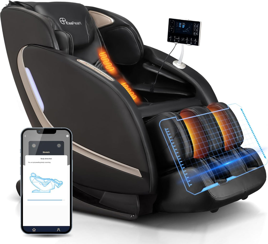 EASPEARL 2025 Massage Chair, 4D Full Body Zero Gravity Massage Chairs with APP, SL Track Shiatsu Stretch Massage Recliner Chair with Electric Footrest, Heat, Foot Rollers, Body Scan(Black)