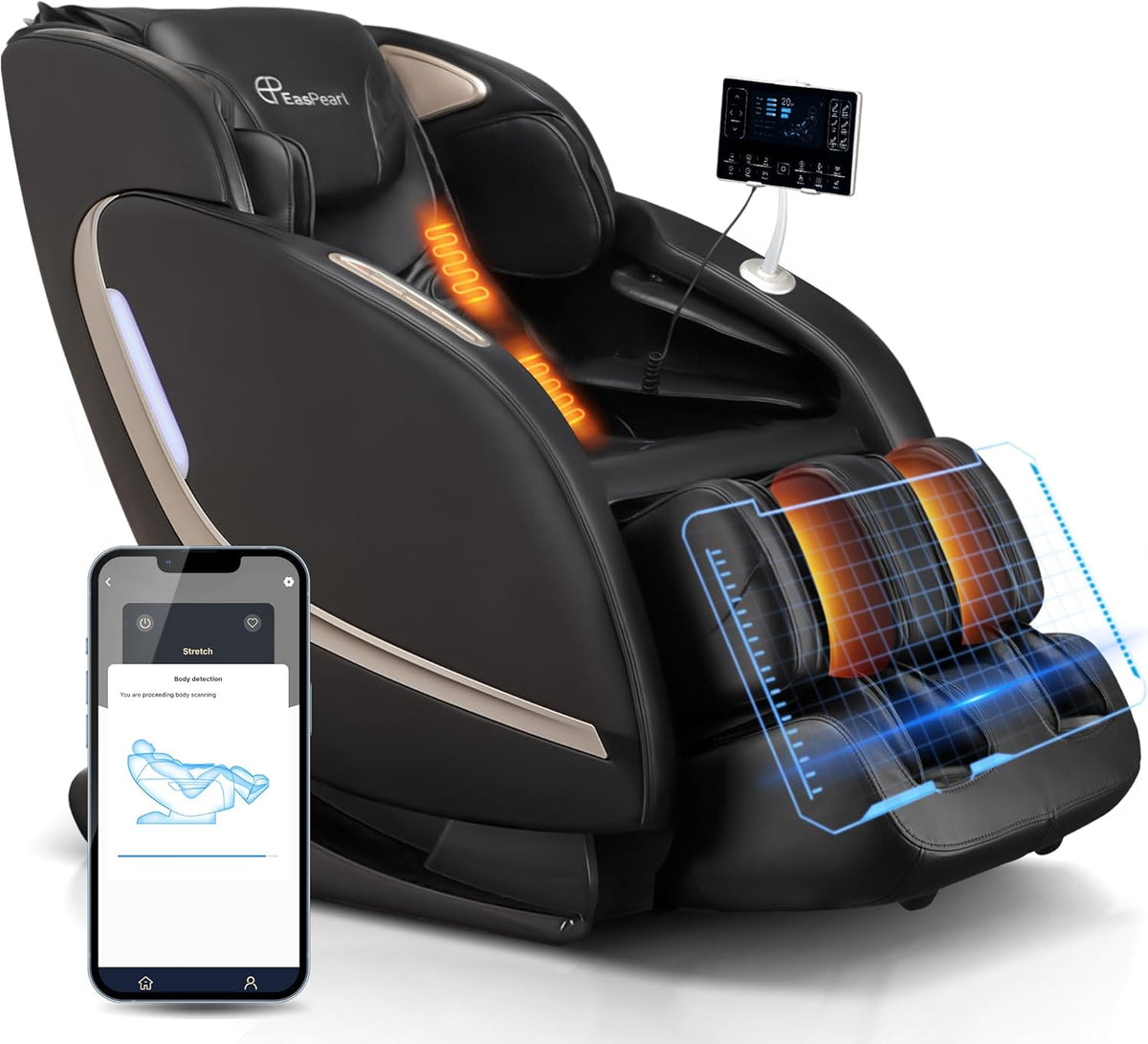 EASPEARL 2025 Massage Chair, 4D Full Body Zero Gravity Massage Chairs with APP, SL Track Shiatsu Stretch Massage Recliner Chair with Electric Footrest, Heat, Foot Rollers, Body Scan(Black)