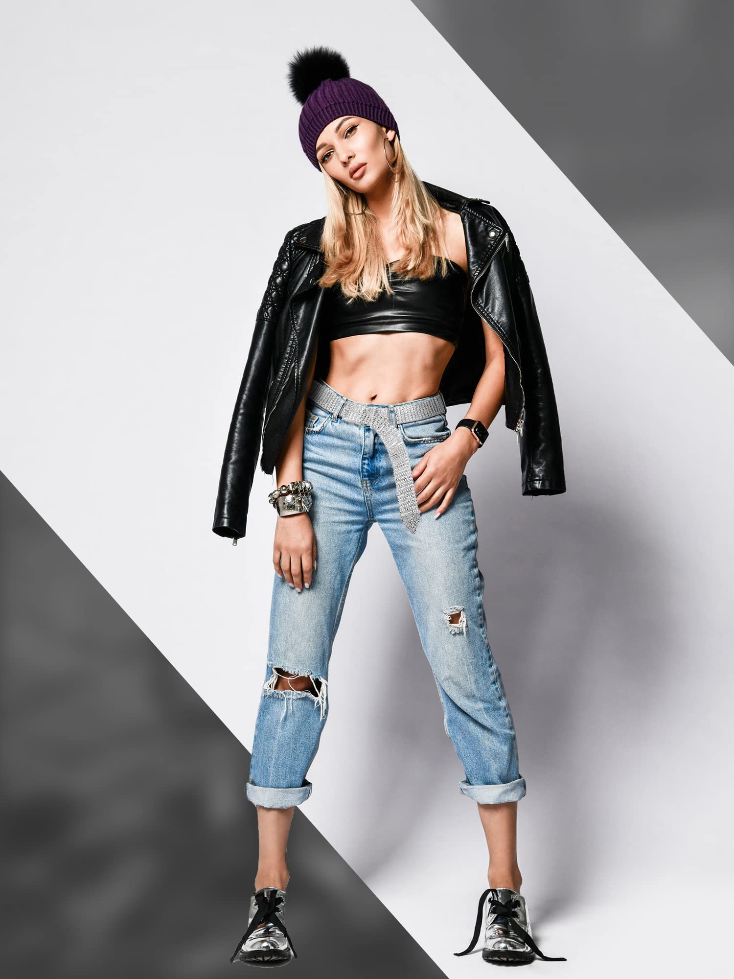 Geyoga 2 Pieces Women Rhinestone Belt for Dress Crystal Diamond Shiny Wide Waist Ladies Belt(Medium, Fit Waist Size 27-34 Inch,Silver)