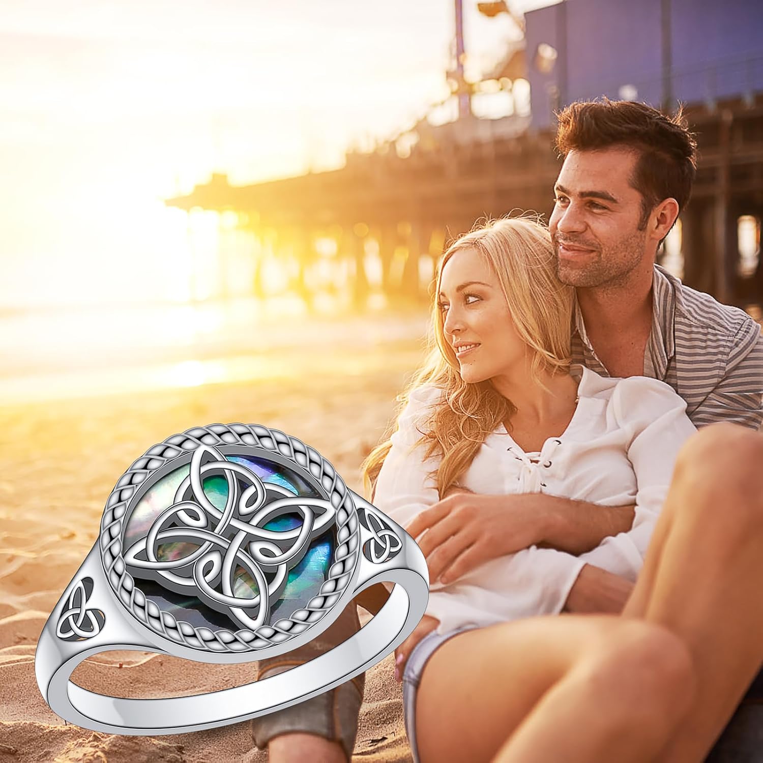 Witches Knot Ring for Women 925 Sterling Silver Abalone Shell Celtic Knot Rings Protection Irish Jewelry for Women