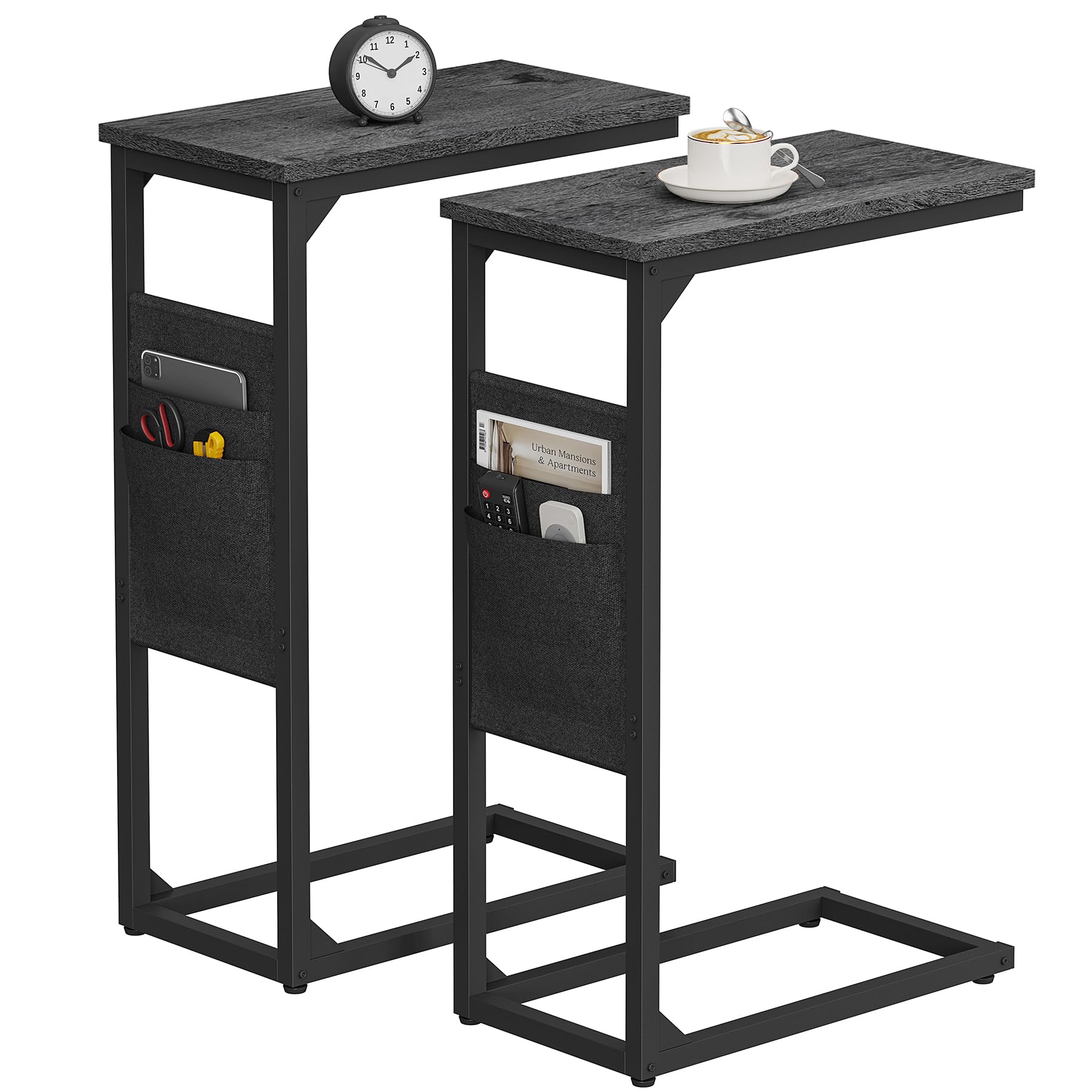 TUTOTAK C Shaped End Table with Charging Station, Side Table for Sofa, Couch Table with Storage Bag, TV Tray with 2 USB Ports and Outlets for Living Room, Bedroom, Brown TB01BB024