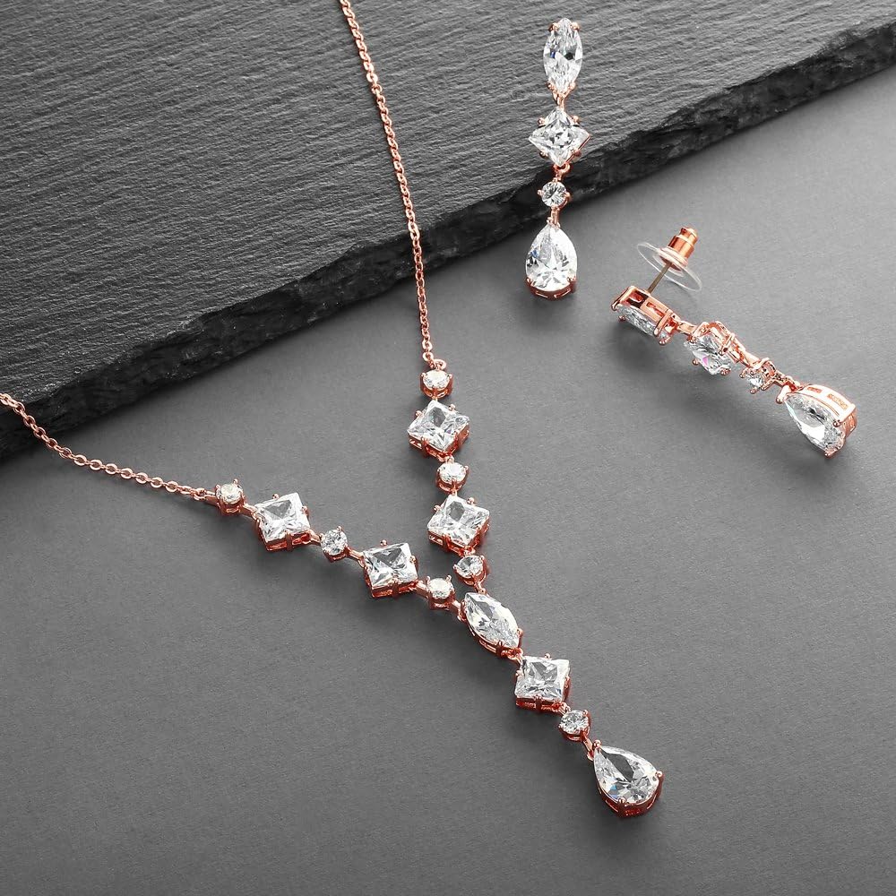 Mariell Rose Gold Cubic Zirconia Necklace & Earrings Bridal Jewelry Set, CZ Crystal Statement Necklace Set for Weddings, Formal Events, Mother of The Bride