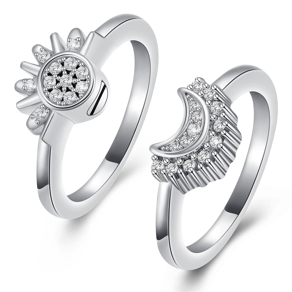 Cremation Jewelry for Ashes Rings - Celestial Sun and Moon Ring Set,Sparkling Sun Ring/Blue Moon Ring/Silver Plating,Friendship Promise Ring,Stackable Celestial Rings,Gift for Women/Girls