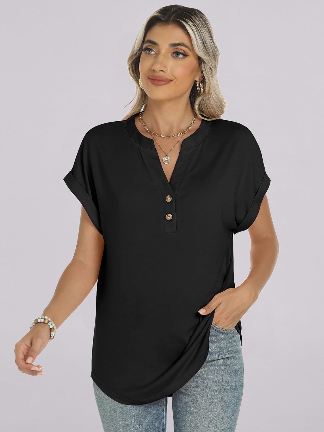 ANRABESS Womens Short Sleeve Henley Tops V Neck Dressy Casual Loose Fit Shirts Summer Flowy Blouses 2025 Trendy Clothes