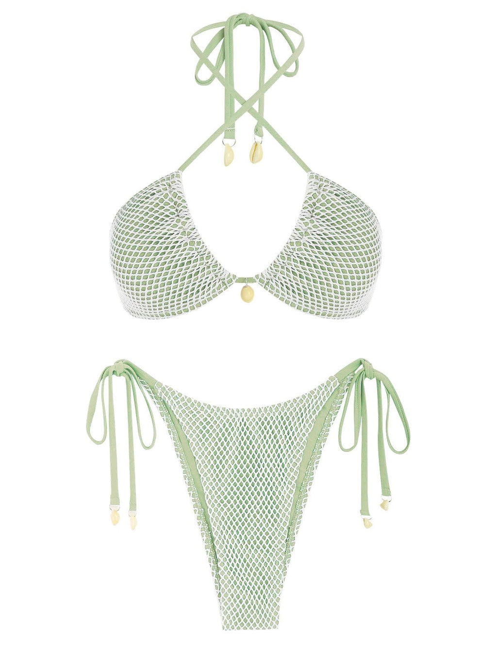 seamoly Womens String Bikini Sets Fishnet Shell Triangle High Cut Side Tie Thong Halter Bathing Suit 2 Piece Swimsuits Green S