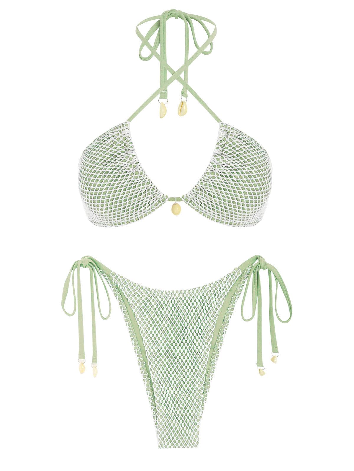 seamoly Womens String Bikini Sets Fishnet Shell Triangle High Cut Side Tie Thong Halter Bathing Suit 2 Piece Swimsuits Green S