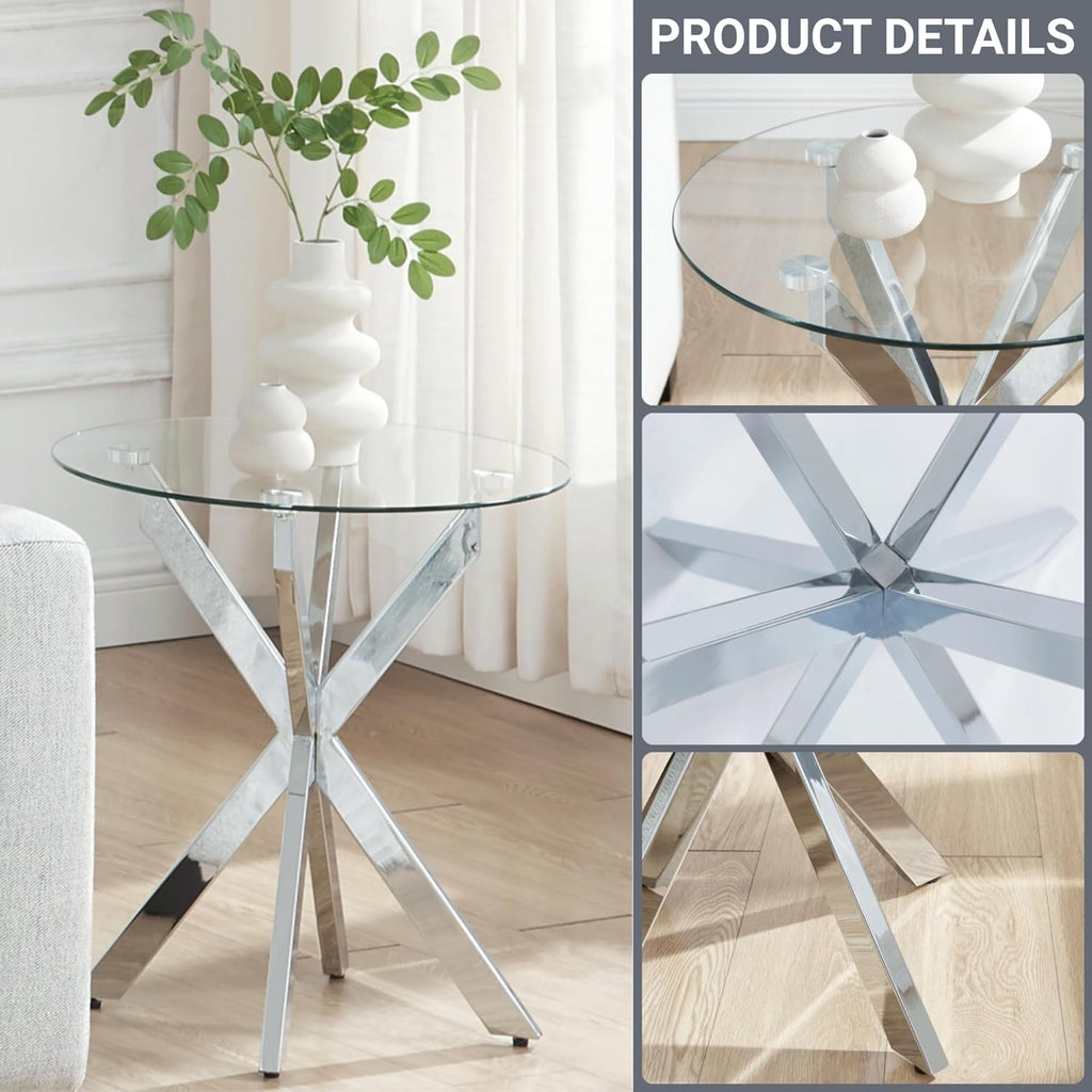 Modern Glass End Table, Small Round Side Table for Couch, Sofa Table with Clear Tempered Glass Top for Living Room, Bedroom, Bedside, 19.7" Wx21.7 H Silver