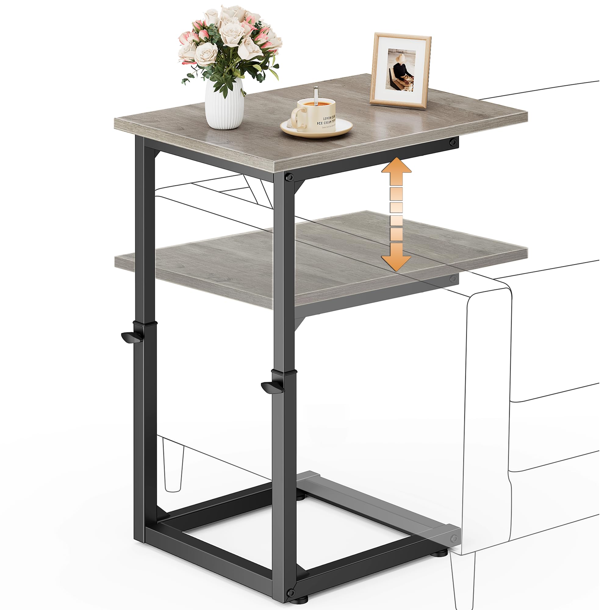 Vagusicc C Shaped End Table with Charging Station, 33" Tall Side Table for Couch, Sofa Table Adjustable Height Couch Side Table Coffee Table, Slide Under Sofa TV Tray C Table for Living Room, White