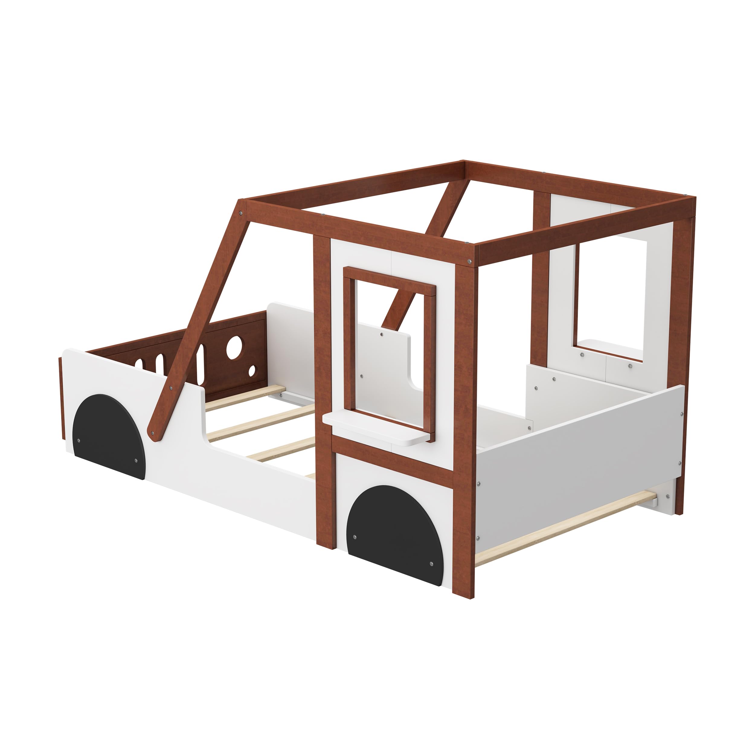 Cadre de lit voiture taille simple Harper & Bright Designs pour enfants, lit Montessori en bois au sol, lit plateforme simple avec roues et design de porte, lit simple ludique pour garçons filles chambre d'enfants, blanc et orange