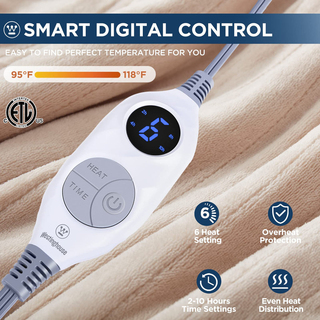 Manta eléctrica Westinghouse tamaño Queen, franela súper suave y acogedora 84" x 90" manta calefactable con 10 niveles de calentamiento rápido y apagado automático de 1-12 horas, lavable a máquina, certificación ETL y FCC, beige