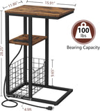 Vagusicc C Shaped End Table with Charging Station, Side Table for Couch, Small Side End Table for Small Spaces, 28" High Slide Under Sofa Table for Coffee, Tv Tray Table for Living Room, Rustic Brown