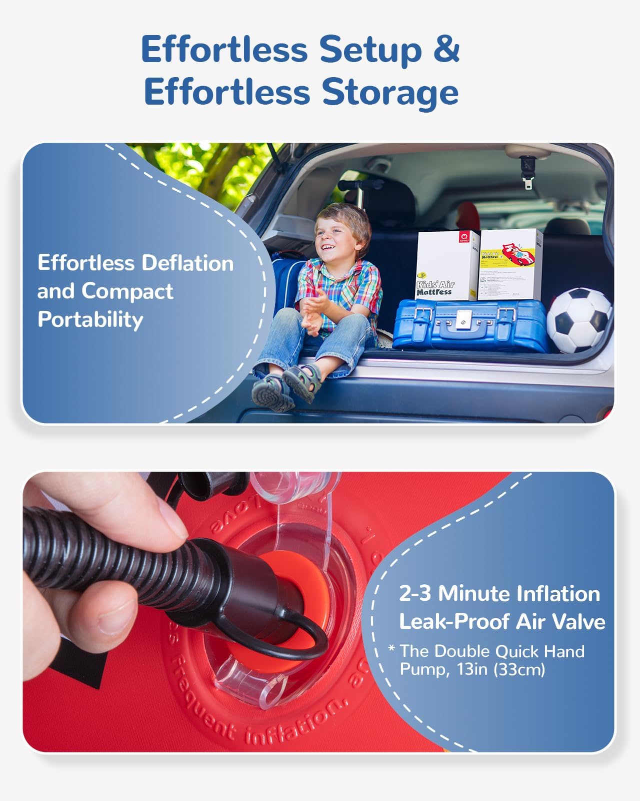 Lit gonflable pour enfants QPAU, lit de voyage pour tout-petits avec côtés, pour camping, voyage, hôtel ou usage domestique, pompe à main incluse