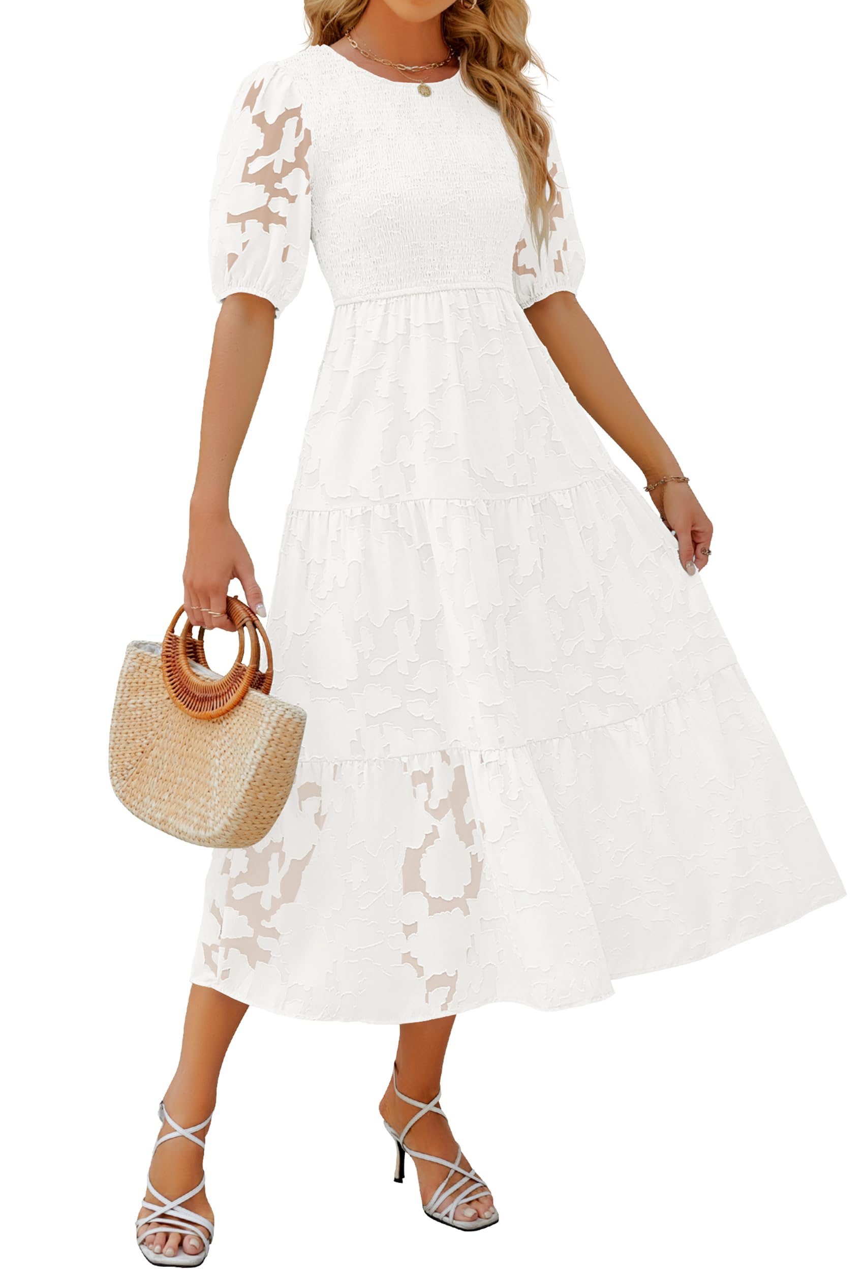 ZESICA Women's 2024 Summer Short Puff Sleeve Crewneck Smocked Floral Lace Flowy A Line Tiered Maxi Dresses,White,Medium