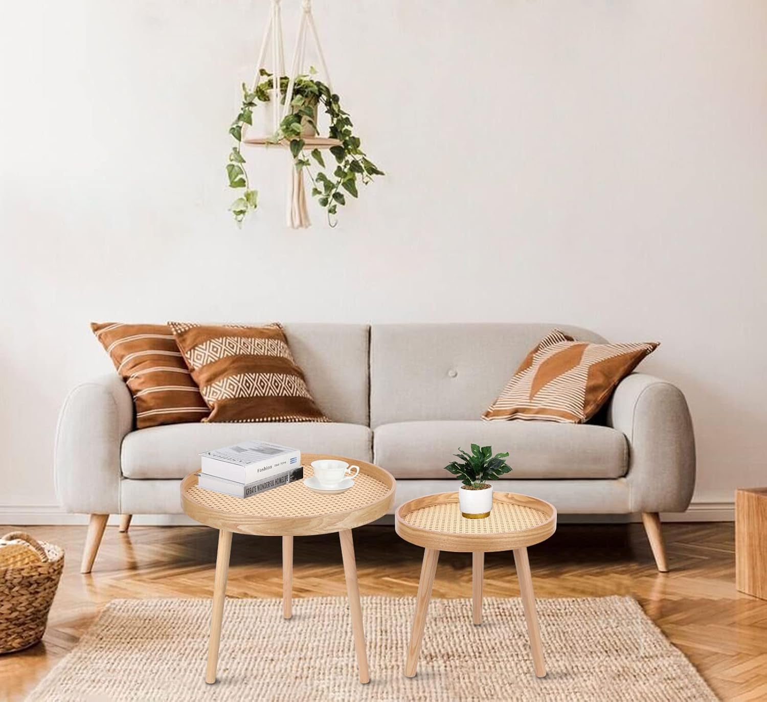 Round Coffee Table Set of 2, Natural Boho Side Table, Small Mid Century Modern Rattan End Tables for Living Room Bedroom Office