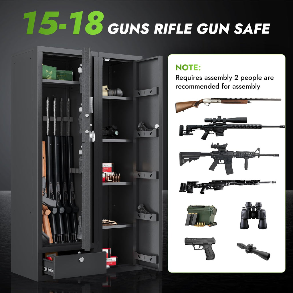 KAER 15-18 Gun Safe,Gun Safes for Rifles and Pistols,Rifle Safe,Gun Cabinet,Gun Safes for Home,Gun Safe for Rifles with Digital Keypad,Drawer,Removable Shelf (Unassembled)