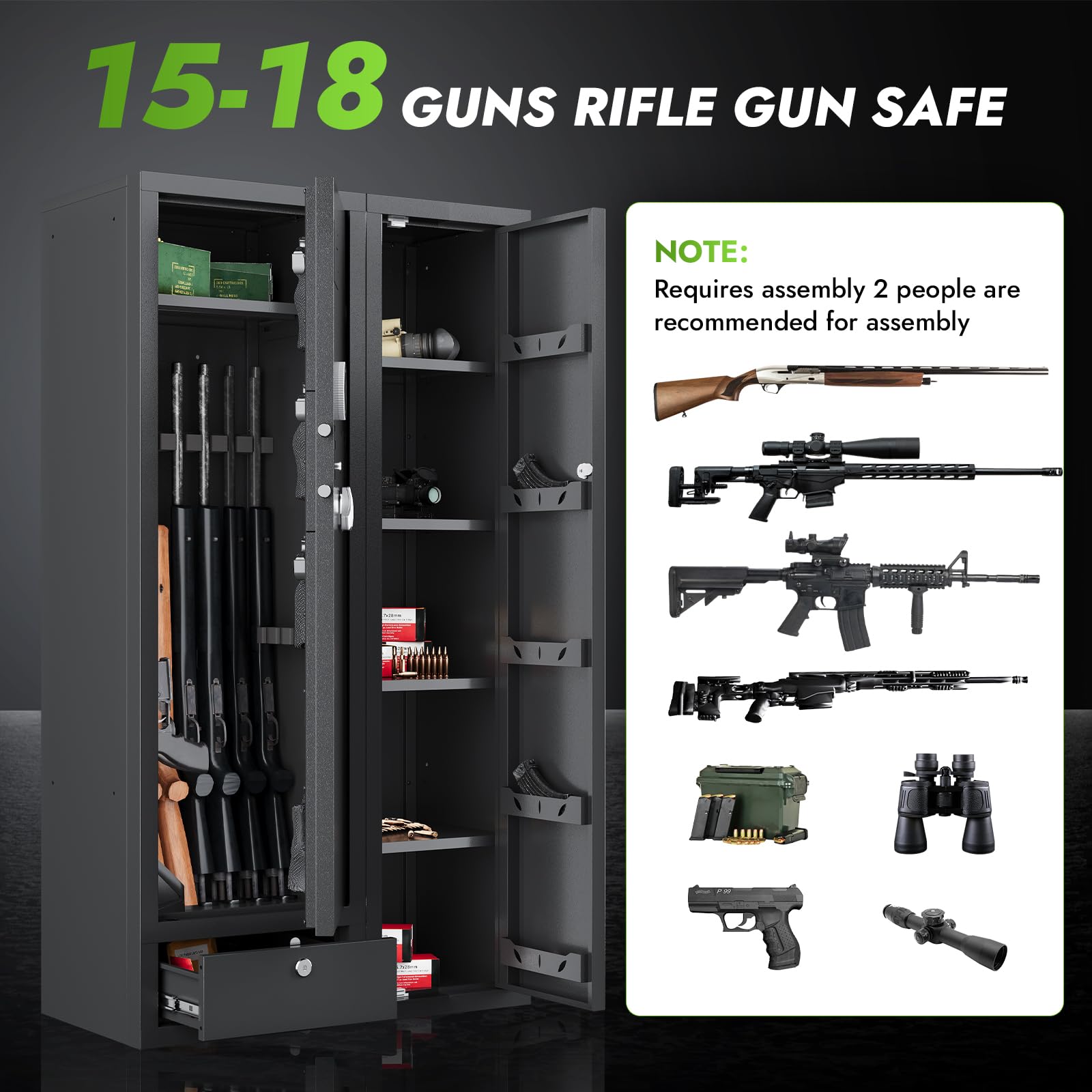 KAER 15-18 Gun Safe,Gun Safes for Rifles and Pistols,Rifle Safe,Gun Cabinet,Gun Safes for Home,Gun Safe for Rifles with Digital Keypad,Drawer,Removable Shelf (Unassembled)