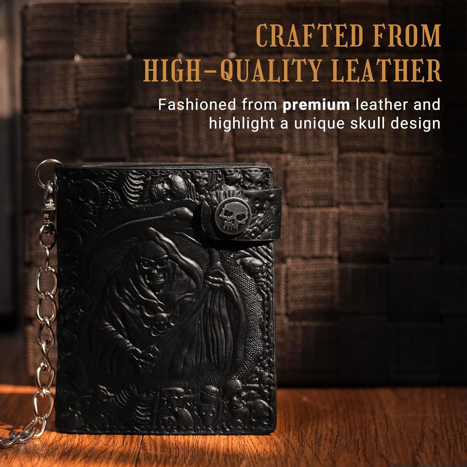 Portefeuille chaîne gothique crâne ZEKEE en cuir - Punk bifold Halloween gothique accessoires | Unisexe, noir