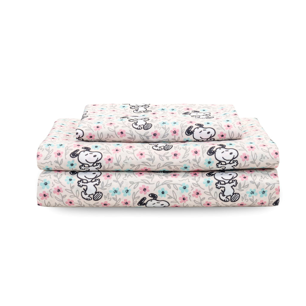 Zestaw pościeli Berkshire Blanket Peanuts® dla dzieci, rozmiar pełny - 4 części, Peanuts® mini pozy i łapy szare, urocze postacie Snoopy nadrukowane na miękkich mikrofibrowych prześcieradłach