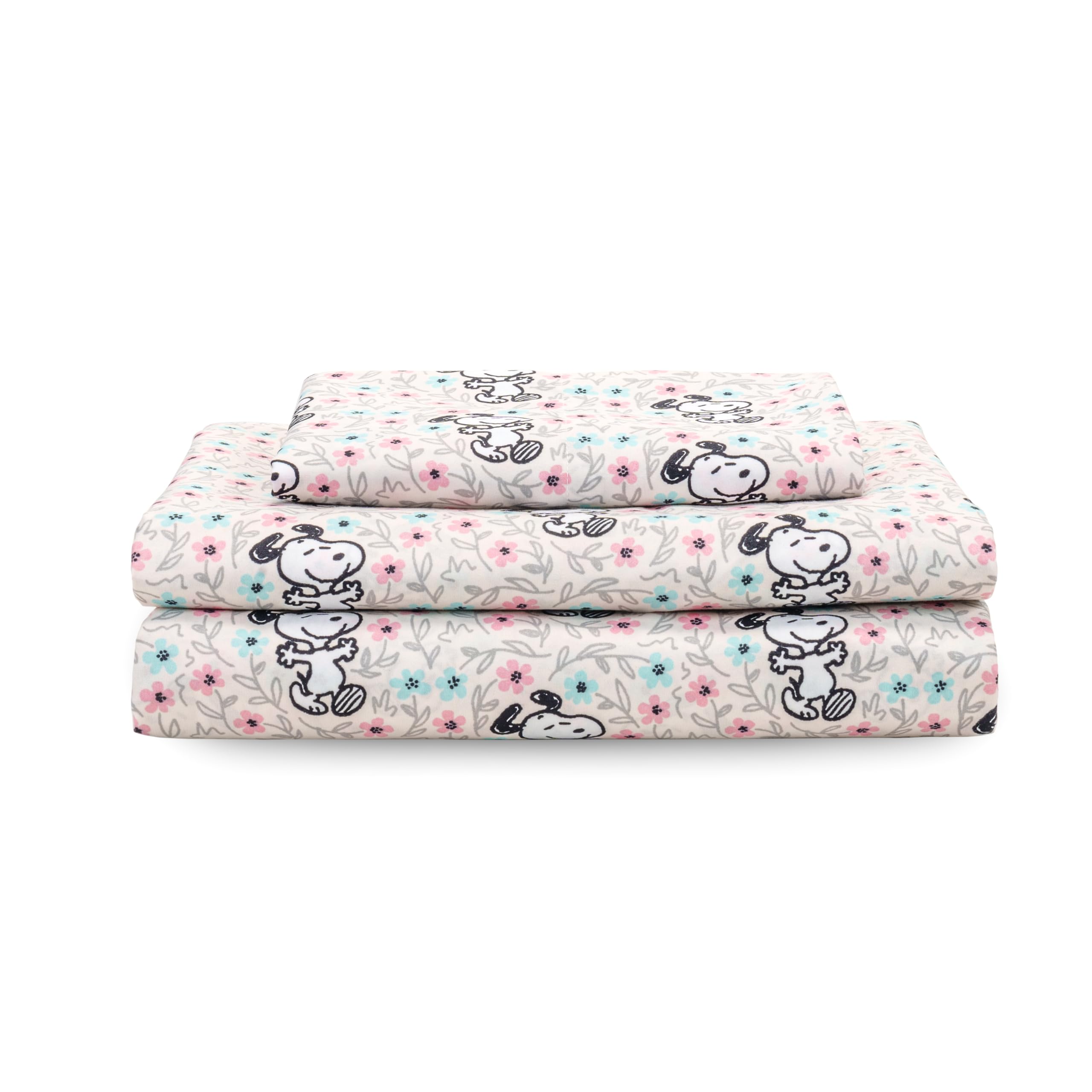 Zestaw pościeli Berkshire Blanket Peanuts® dla dzieci, rozmiar pełny - 4 części, Peanuts® mini pozy i łapy szare, urocze postacie Snoopy nadrukowane na miękkich mikrofibrowych prześcieradłach