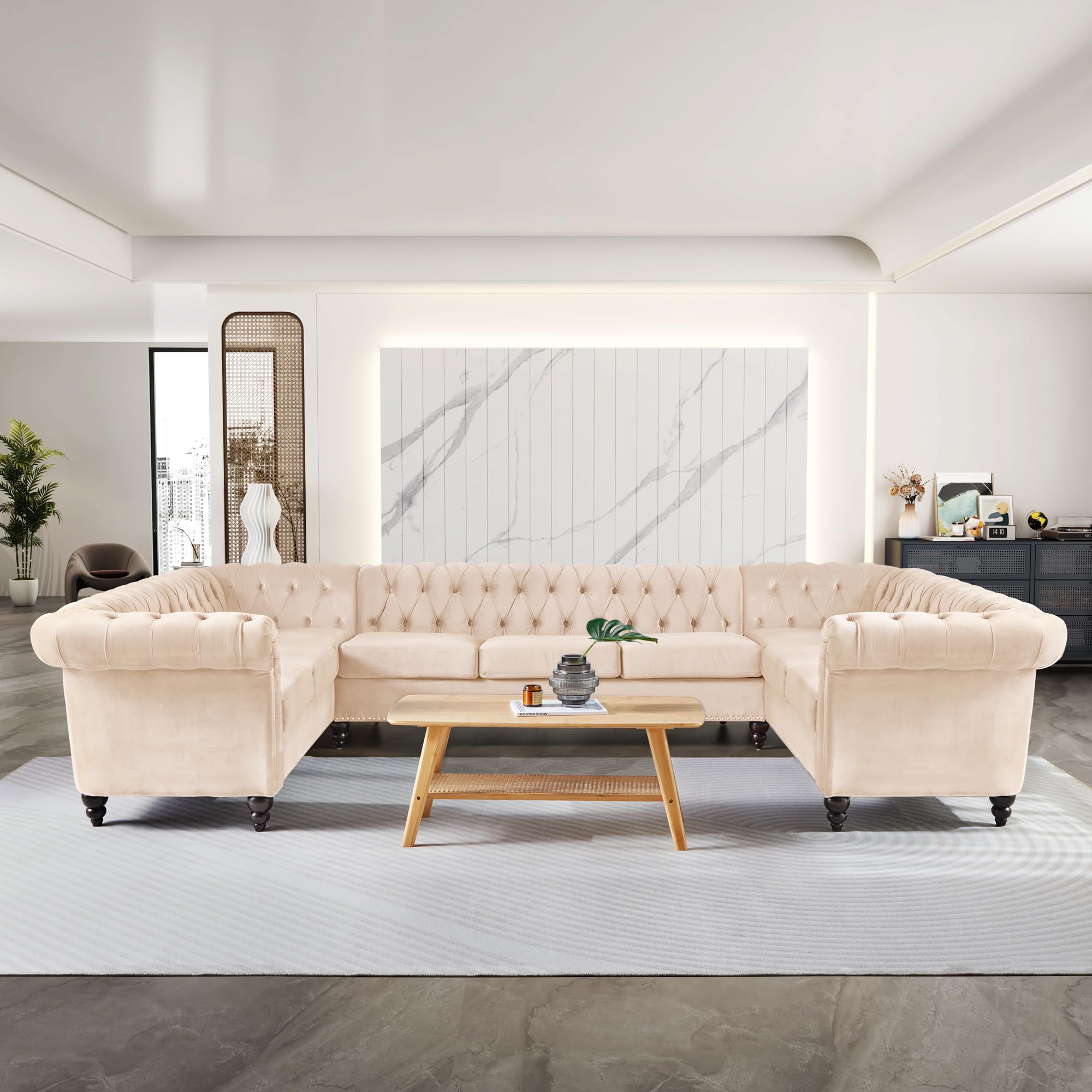 QHITTY L-Shaped Sofa, Sectional Chesterfield Leather Couch 5-Seater Upholstered Small Accent Tufted Sofa with Rolled Armrest and Nailhead Design for Living Room, Apartment, Office (Black)