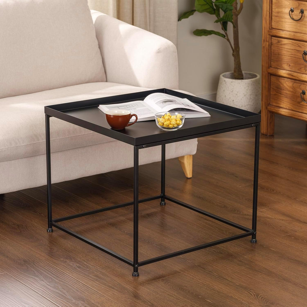 MyGift 24-inch Modern Tray Top End Table - Matte Black Metal Square Side Table or Nightstand