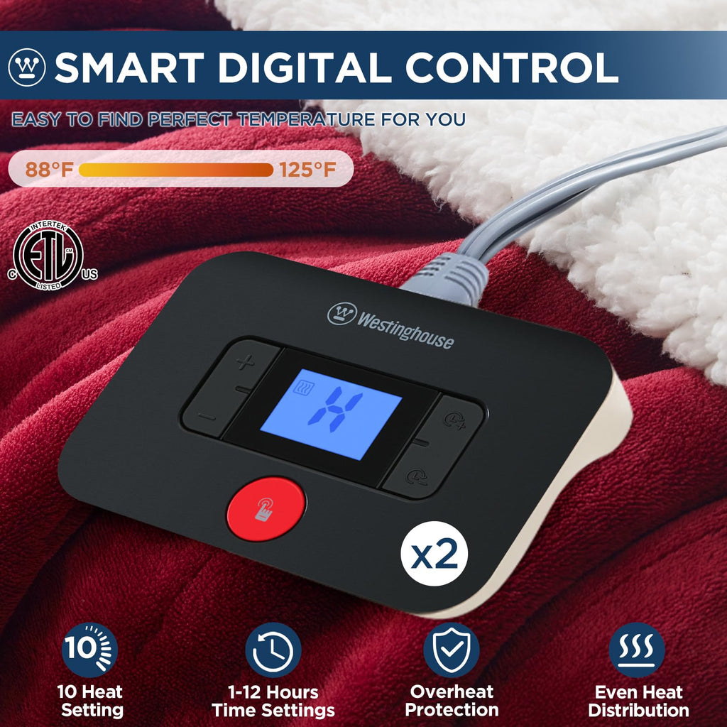 Westinghouse Heated Throw Blanket, Electric Blanket Throw with 6 Heating Levels and 2-10 Hours Time Settings, Flannel to Sherpa Super Cozy Heated Blanket Machine Washable, 50x60 inch, Charcoal