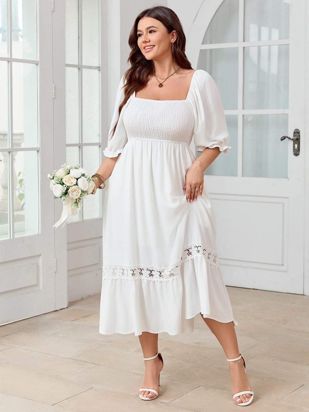 SCOMCHIC Women's Plus Size Maxi Dress Short Sleeve Square Neck Smocked Flowy A-Line Lace Trim Boho Wedding Guest Dresses White