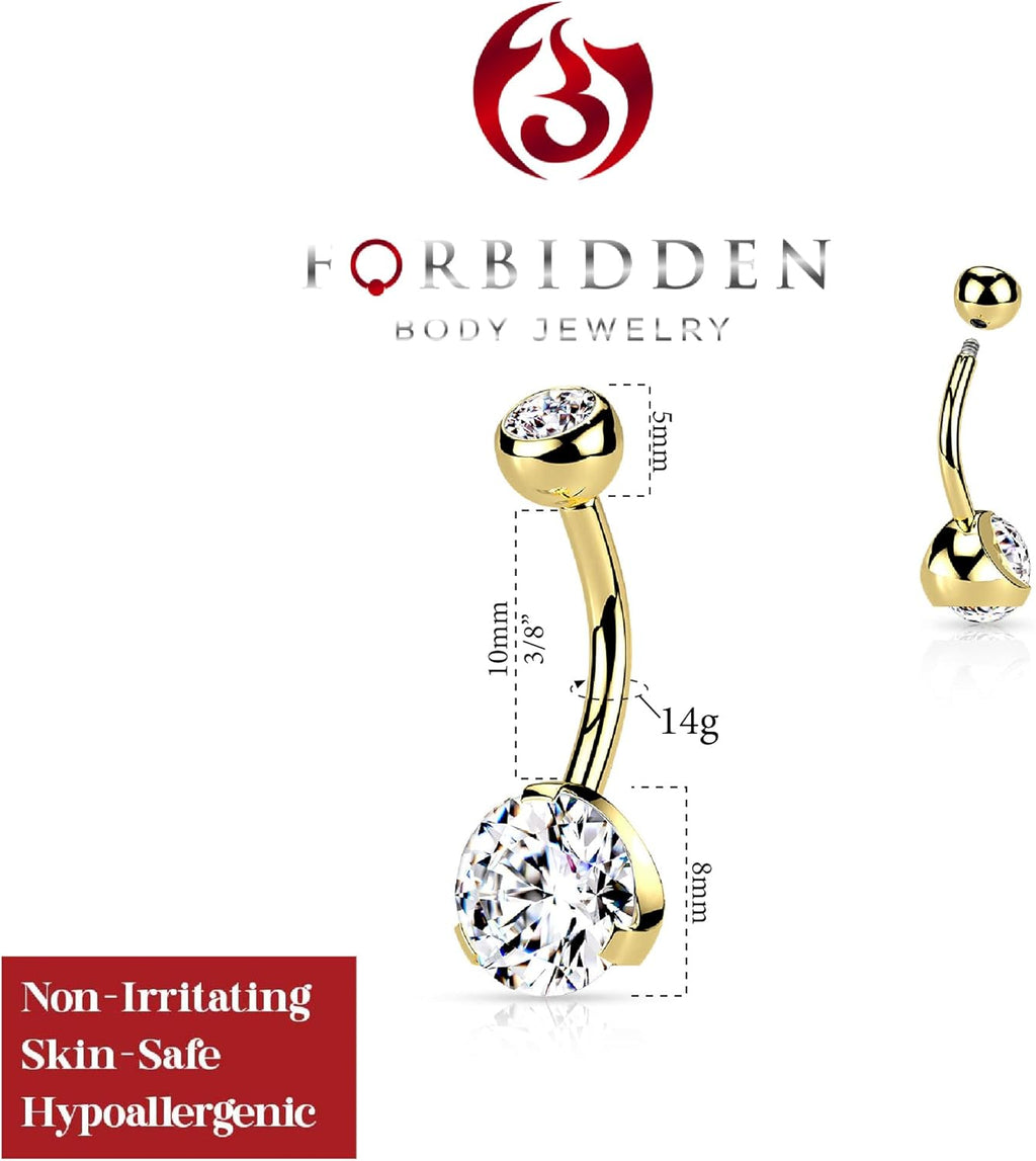 Forbidden Body Jewelry 14K Gold Belly Button Ring 14G 10mm w/Double Crystal - Stainless 316L Surgical Steel Belly Button Piercing - Yellow Barbell Belly Rings Women Navel Piercing Jewelry (1 Pc)
