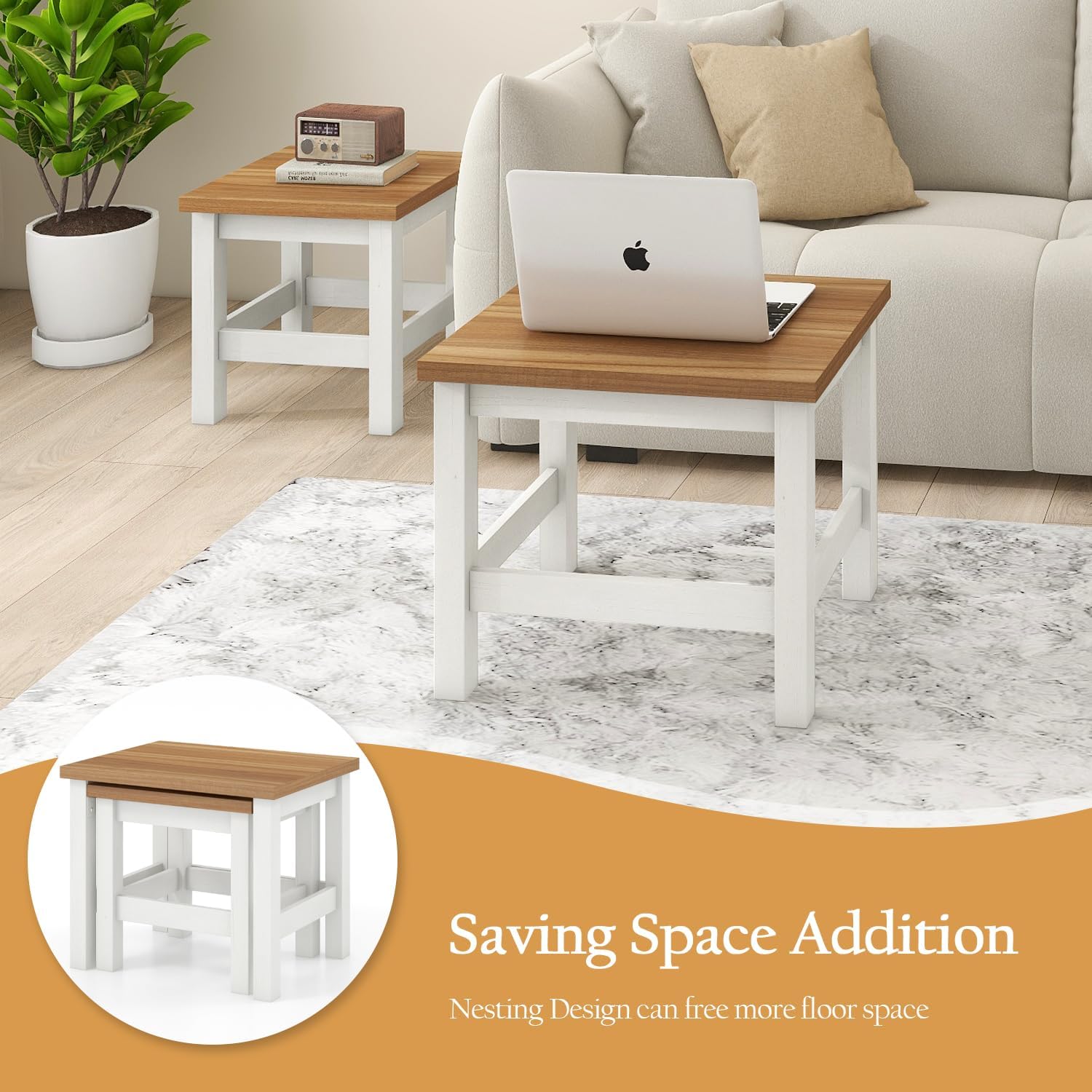 Vikiullf Farmhouse Nesting Table Set of 2, Wooden Coffee Tables, Modern Square End Table, Side Table for Living Room, Bedroom, Accent Bedside Table