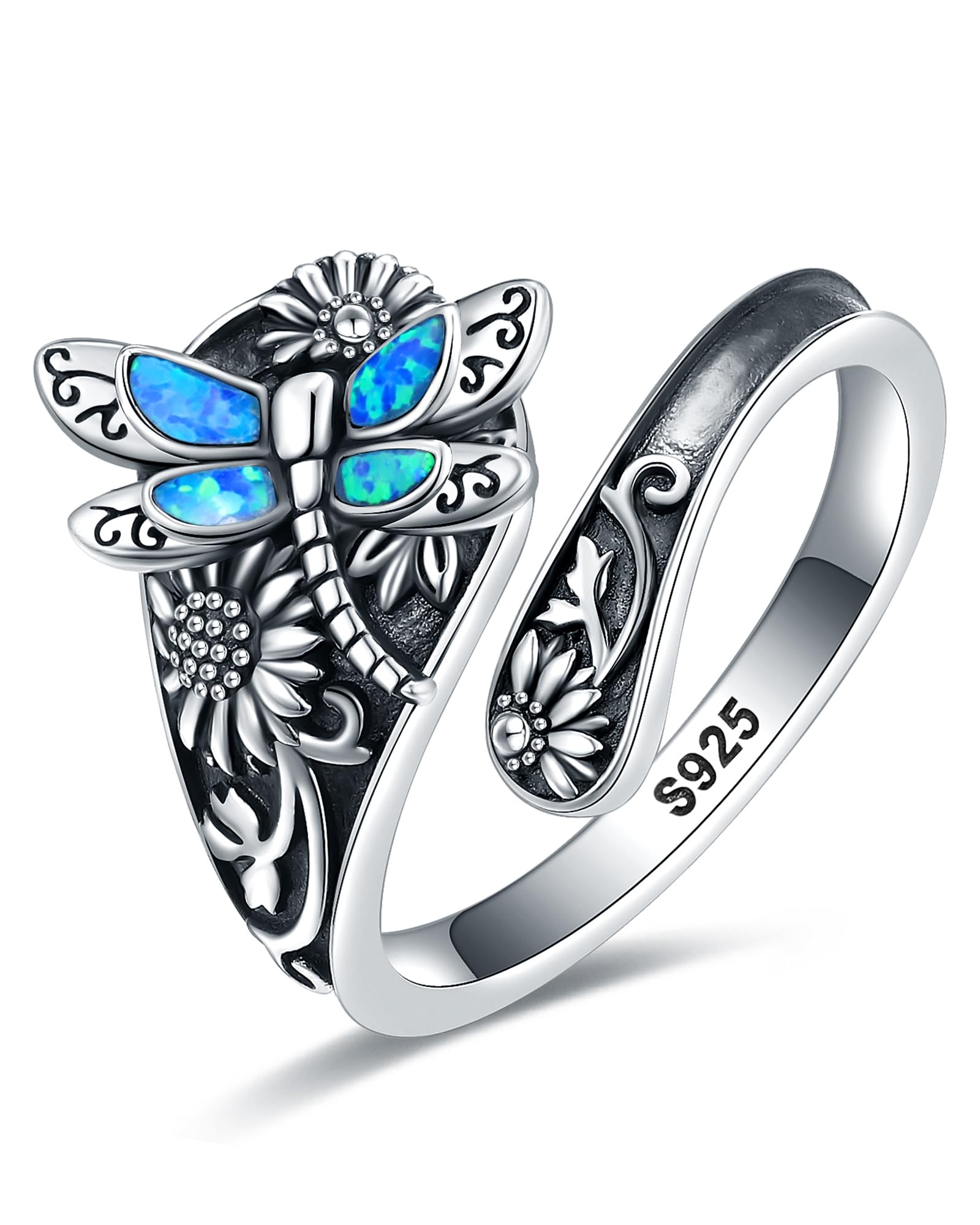 S925-Sterling-Silver Turquoise Dragonfly/Butterfly Spoon Ring - Vintage Boho Sunflower Thumb Rings Oxidized Wrap Ring Victorian Style Antique Floral Jewelry Gifts for Women