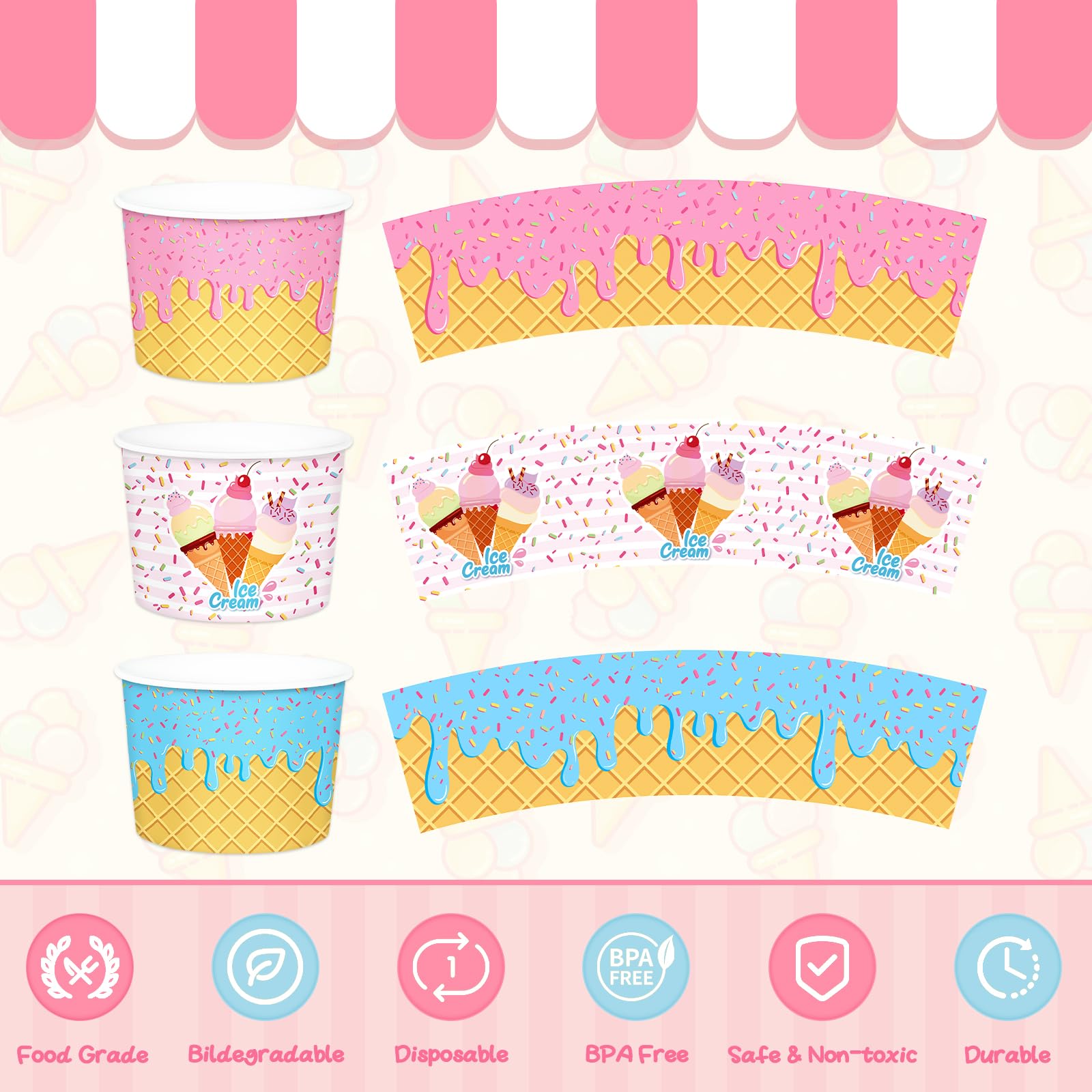 REDWORD 60PCs Ice Cream Bowls, 9oz Ice Cream Containers Disposable Paper Bowls Sundae Cups Dessert Soup Containers for Ice-cream Party Decorations Summer Party Decorations