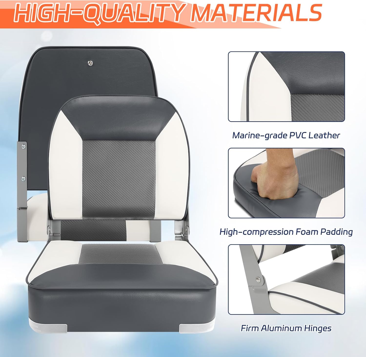 Boat Seats 2 Pack, Skureay Low/High Back Fishing Folding Boat Seat Waterproof Captain Boat Chair，Boatseat 2 Pack Suitable for Jon/Pontoon/Canoe/Bass Tracker Boat seats-UNIQUE Color Design (Gray/White)