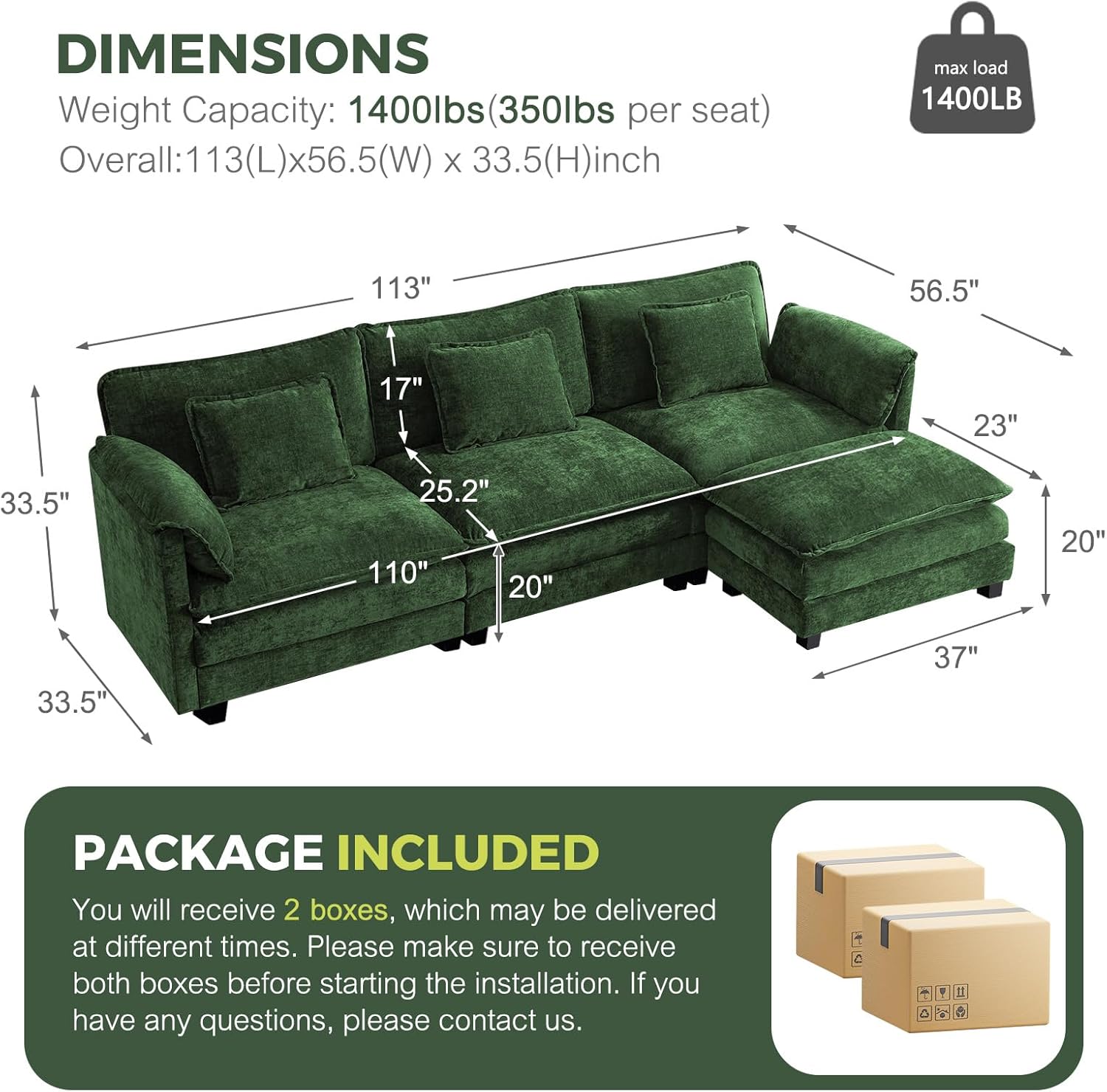 ELUCHANG 113" Modular Sectional Sofa, Comfy Cloud Couch, L Shaped Deep Seat Sofa Couches for Living Room, 4-Seater Modern Sofa with Movable Ottoman, DIY Combination - Chenille Green