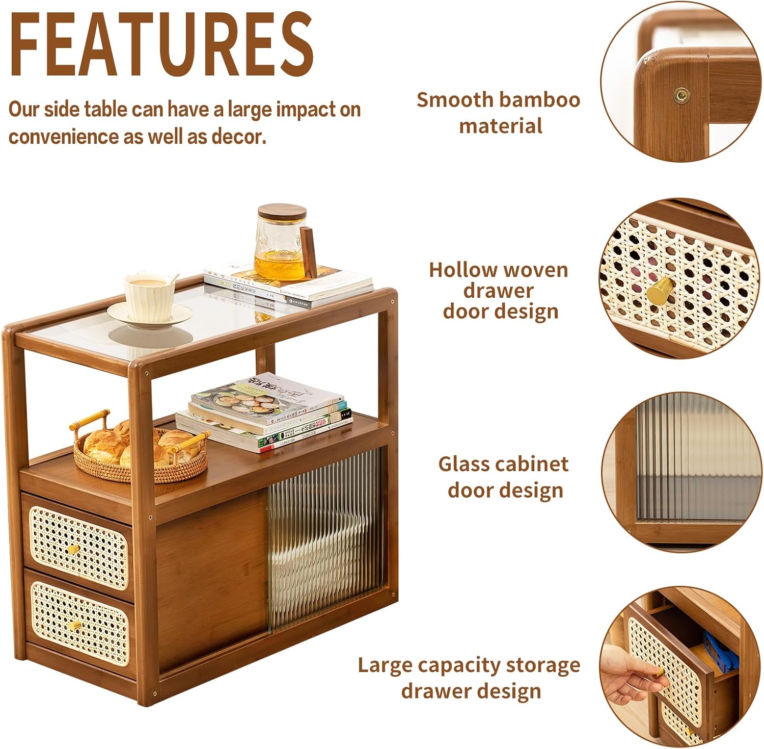 Tiita Rattan Nightstand Side Table, Bamboo Accent Bedside Tables, Glass Coffee Tables, Boho Wooden End Table with Storage for Small Space, Living Room and Bedroom