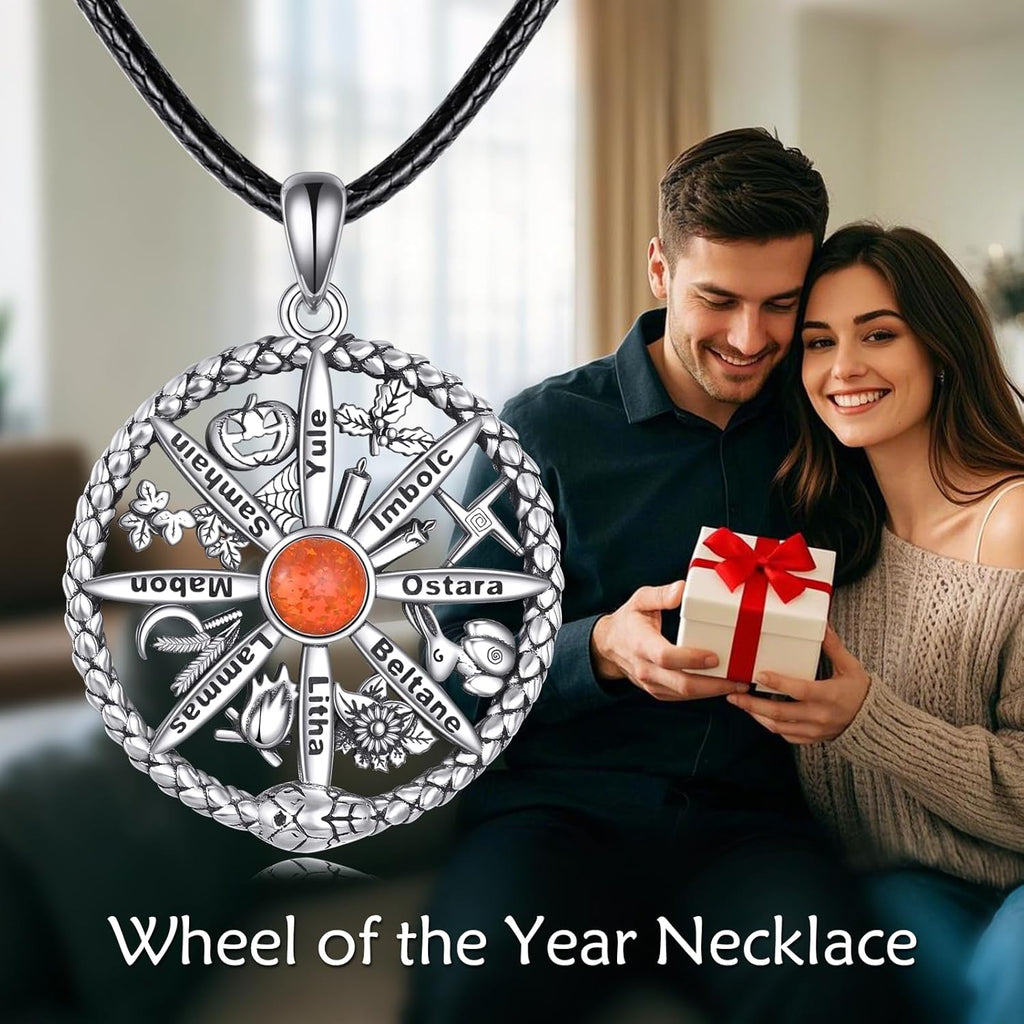YAFEINI Wheel of the Year Necklace Sterling Silver Ouroboros Necklace Wheel of the Year Sabbat Calendar Pagan Jewelry for Women