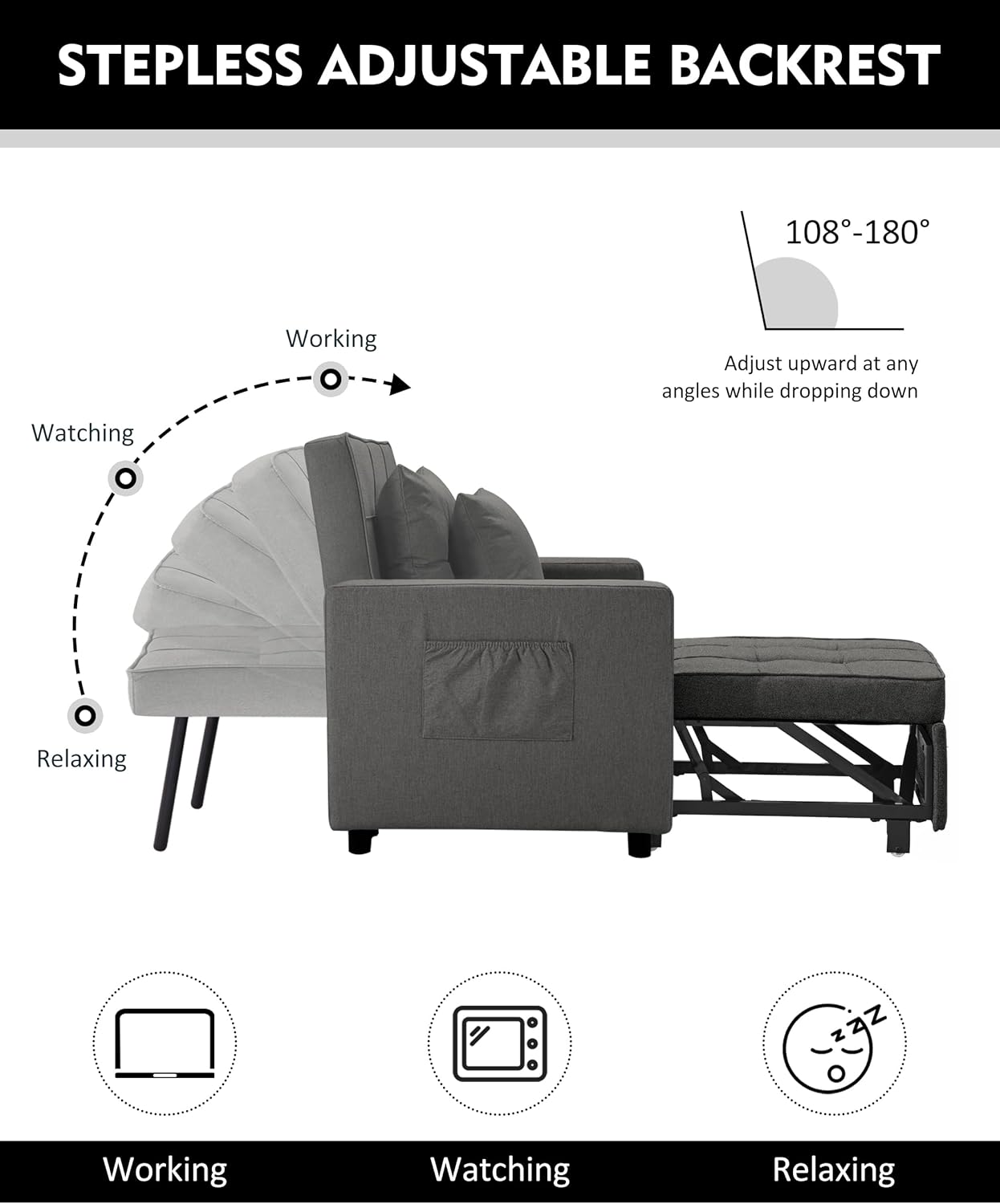 XSPRACER [Updated Convertible Chair Bed, Sleeper Sofa 3 in 1, Stepless Adjustable Backrest,Armchair, Sofa, Bed, Linen, Dark Gray, Single One