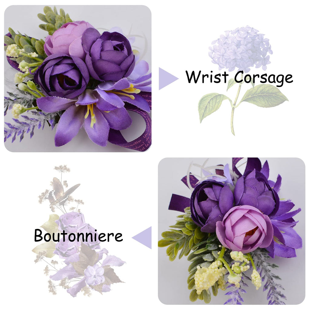 URROMA Wrist Corsage and Boutonniere Set, 1 Set Small Rose Purple Hand Flower for Prom Artificial Wedding Wrist Corsage for Wedding Party Prom