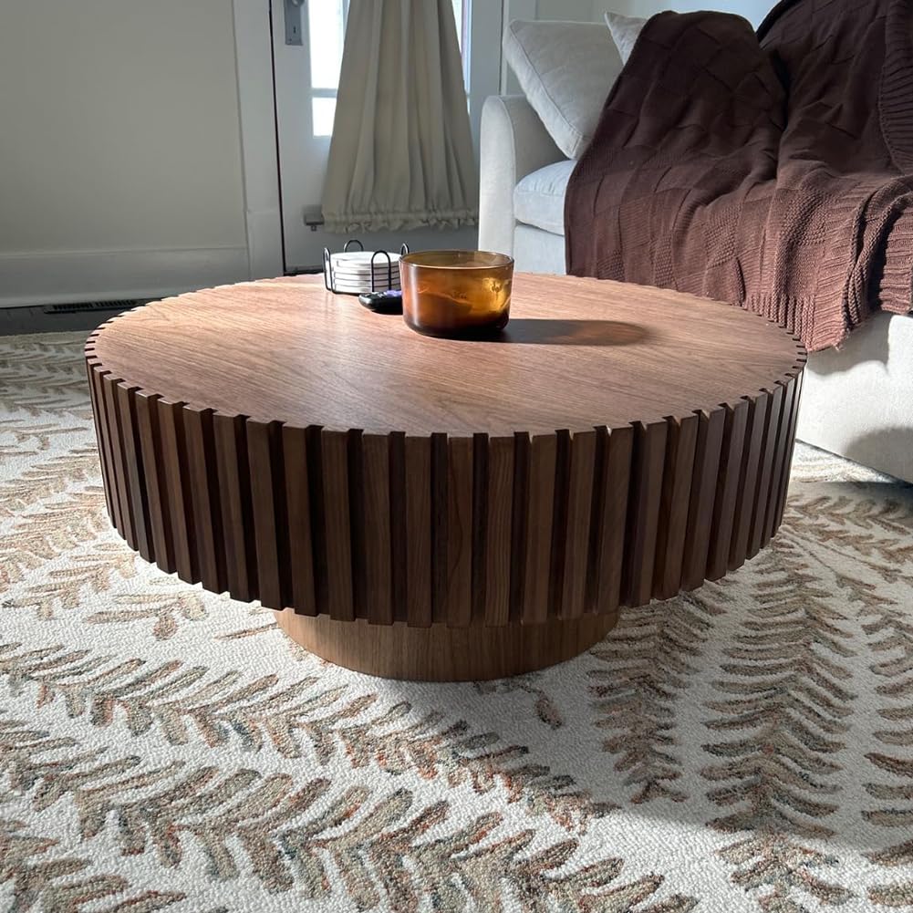Round Coffee Table for Living Room Contemporary Wood Circle Fluted Coffee Table for Apartment, Easy Assembly ø31.49'', Wood Oak
