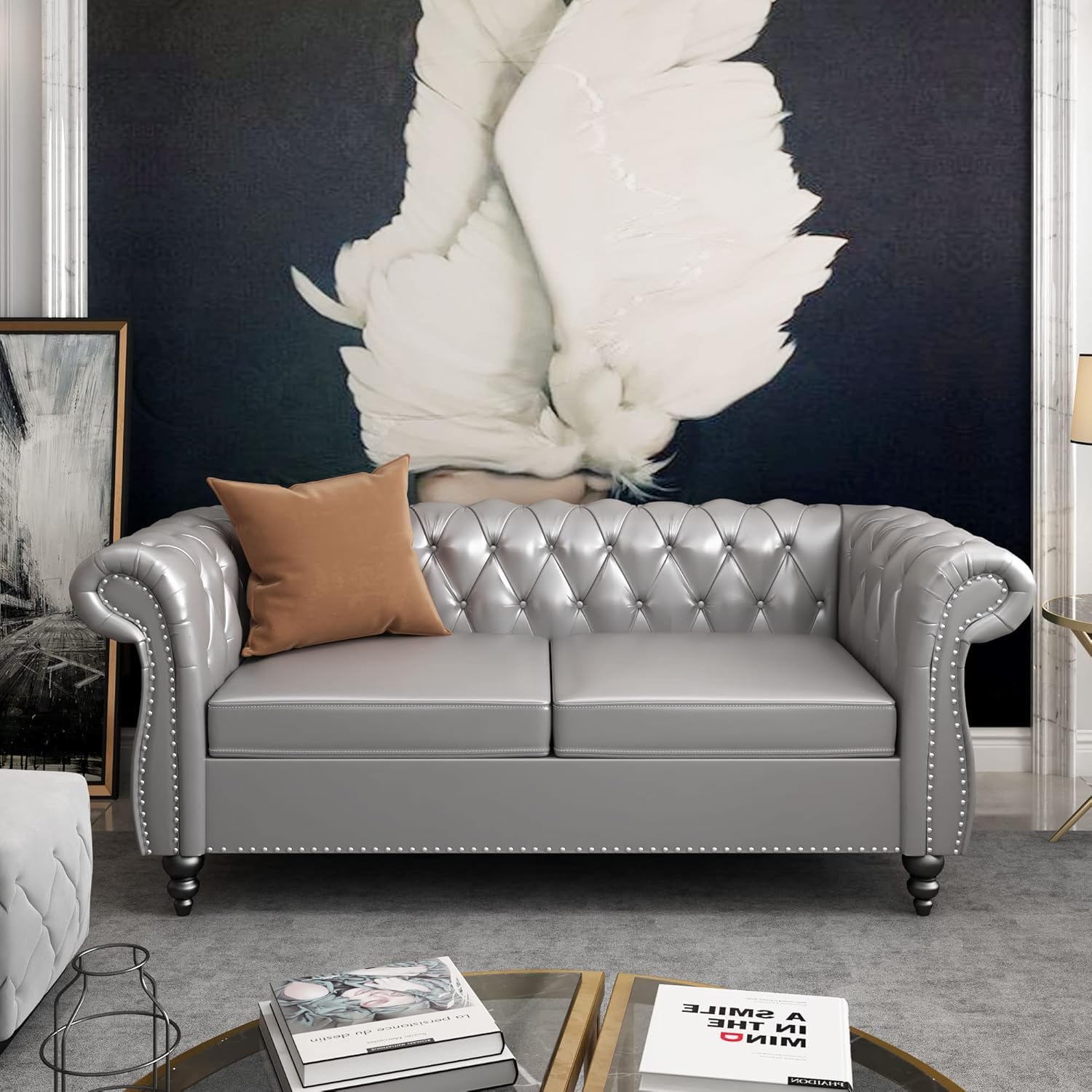 Chesterfield 3 Seater Sofa, Modern Leather Tufted Couch 3 Seater with Rolled Arms and Nailhead Mid-Century Upholstered Couch for Living Room, Bedroom, Apartment and Office, Claret