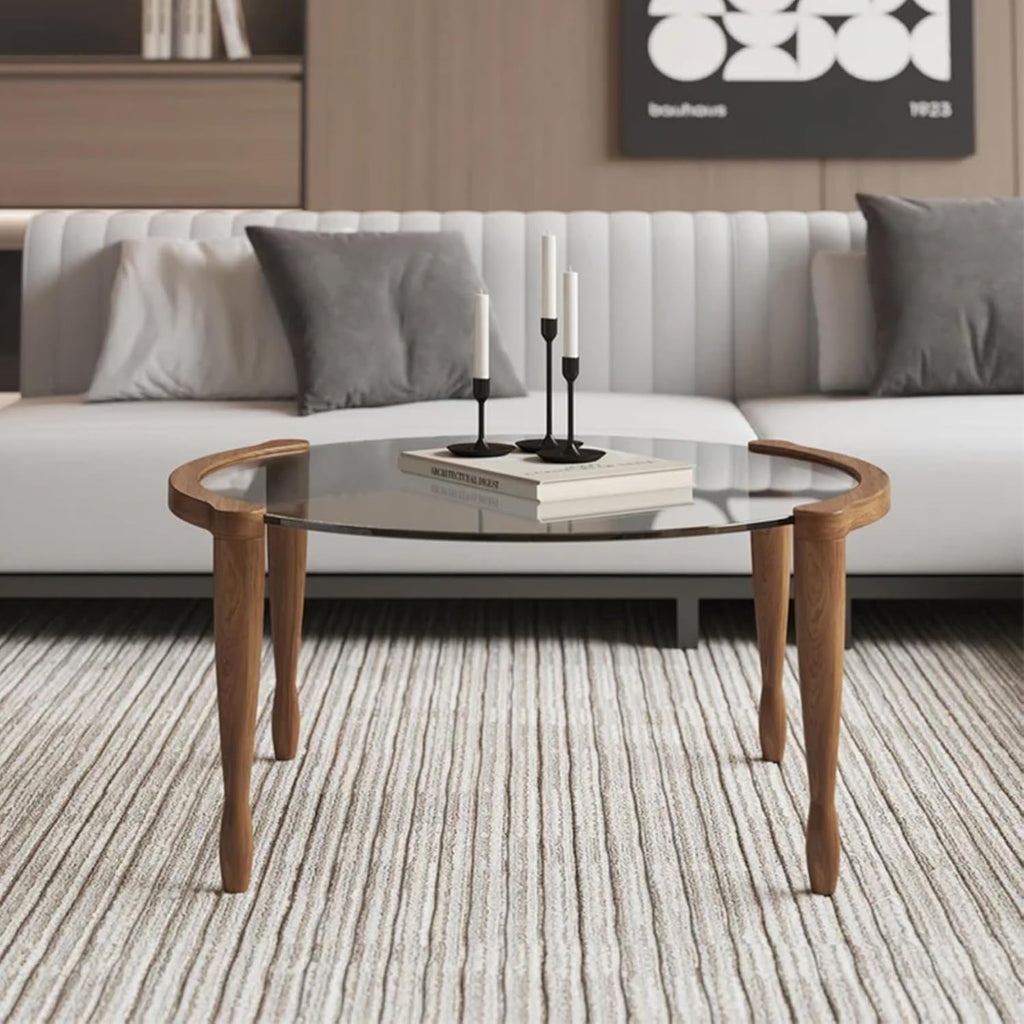 31.5" Round Glass Mid Century Modern Coffee Table with Wood Legs-Circle Tempered Glass Top Center Table, Unique Contemporary Center Table for Small Space