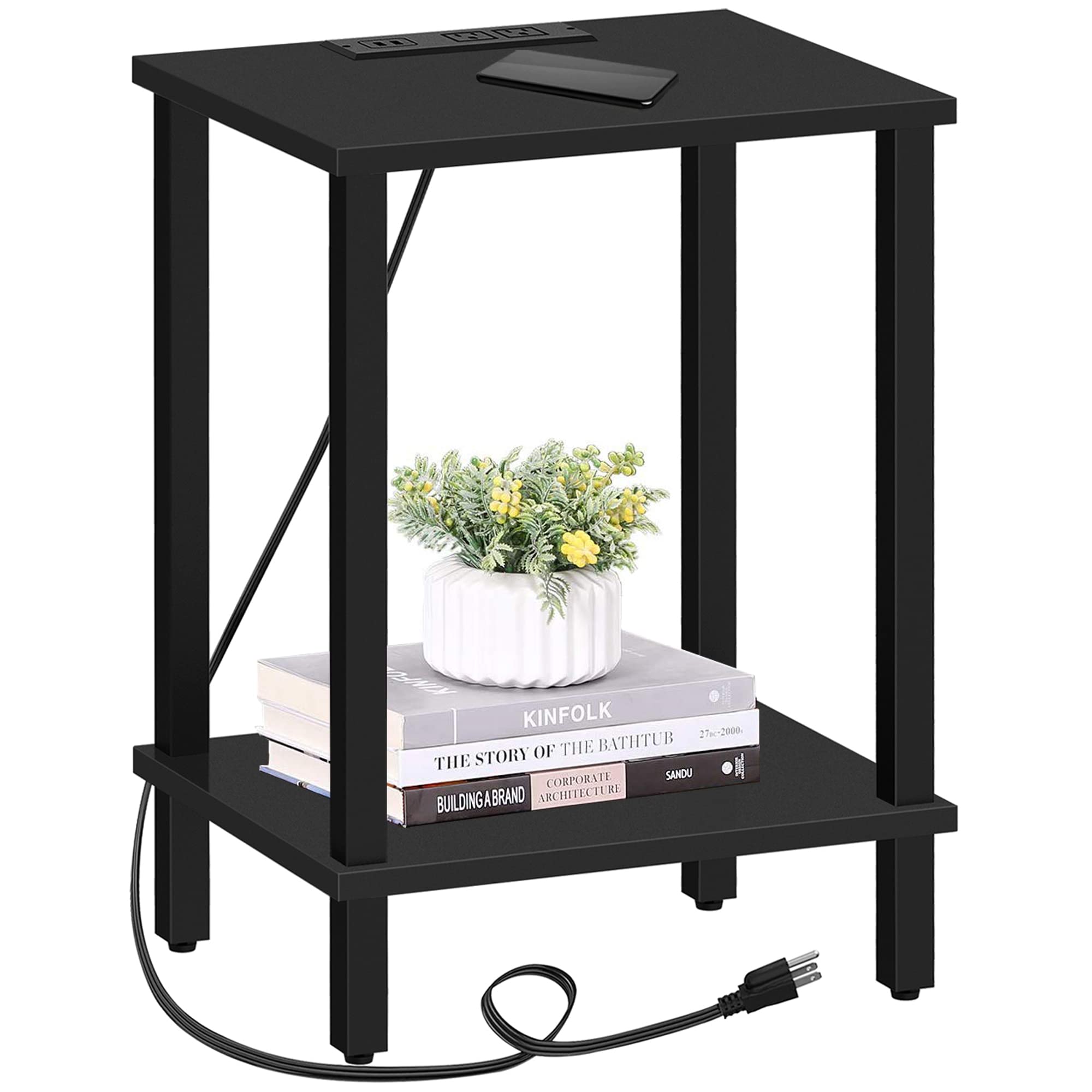 TUTOTAK End Table with Charging Station, Side Table with USB Ports and Outlets, Nightstand, 2-Tier Storage Shelf, Sofa Table for Small Space TB01BB040