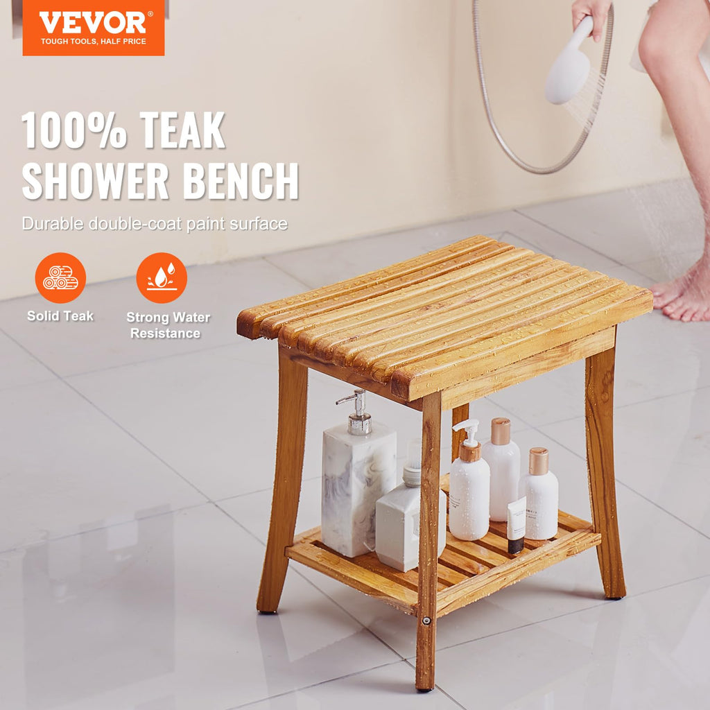 VEVOR Teak Shower Bench, 20in Waterproof Wood Shower Stool with Storage Shelf Non-Slip Foot Pads, 400 lbs Load Capacity Shower Chair Seat, for Bathroom Indoor and Outdoor Use
