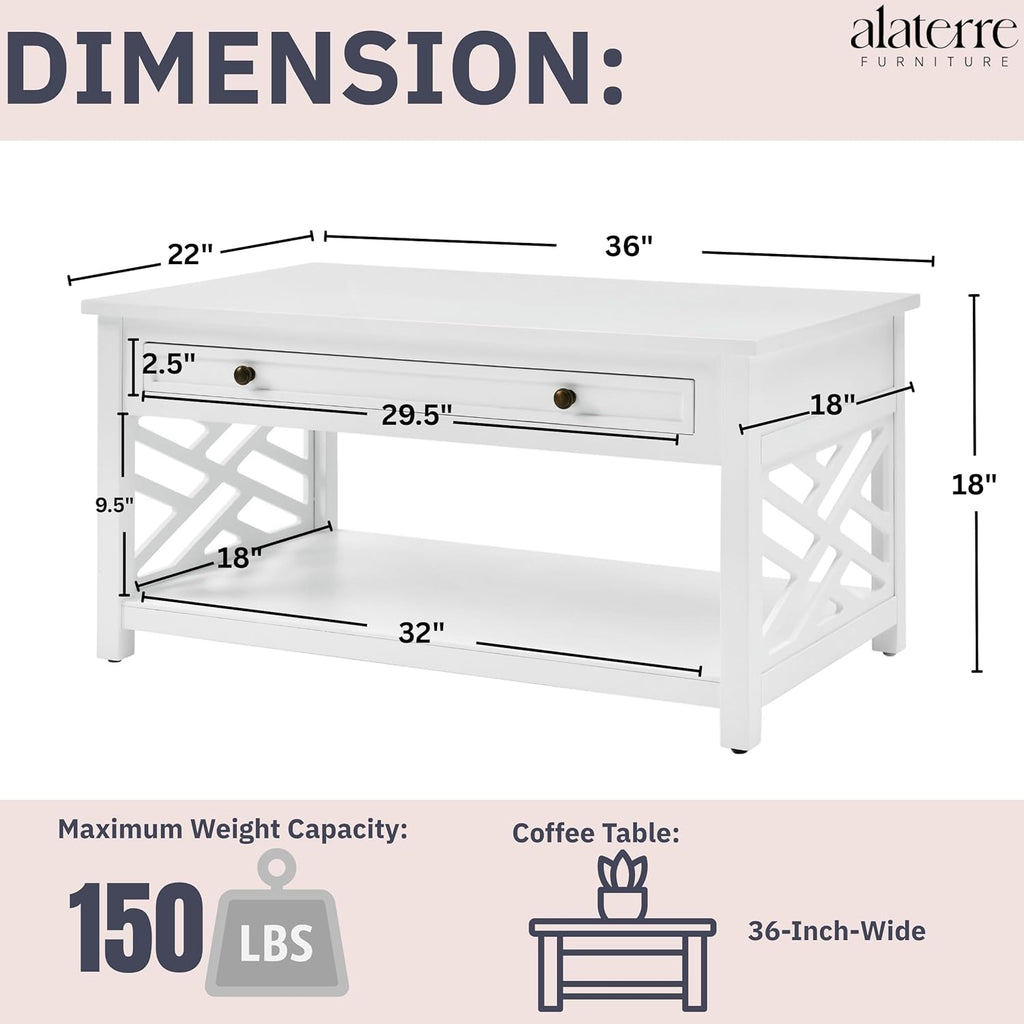 Coventry 36-Inch White Wood Coffee Table with Drawer & Open Shelf – Modern Accent Furniture for Living Room Storage & Décor by Alaterre Furniture