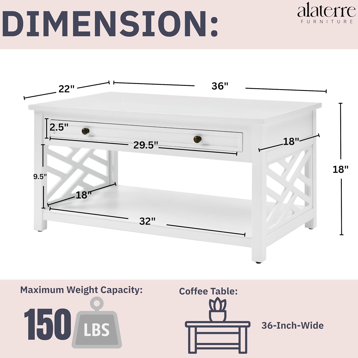 Coventry 36-Inch White Wood Coffee Table with Drawer & Open Shelf – Modern Accent Furniture for Living Room Storage & Décor by Alaterre Furniture